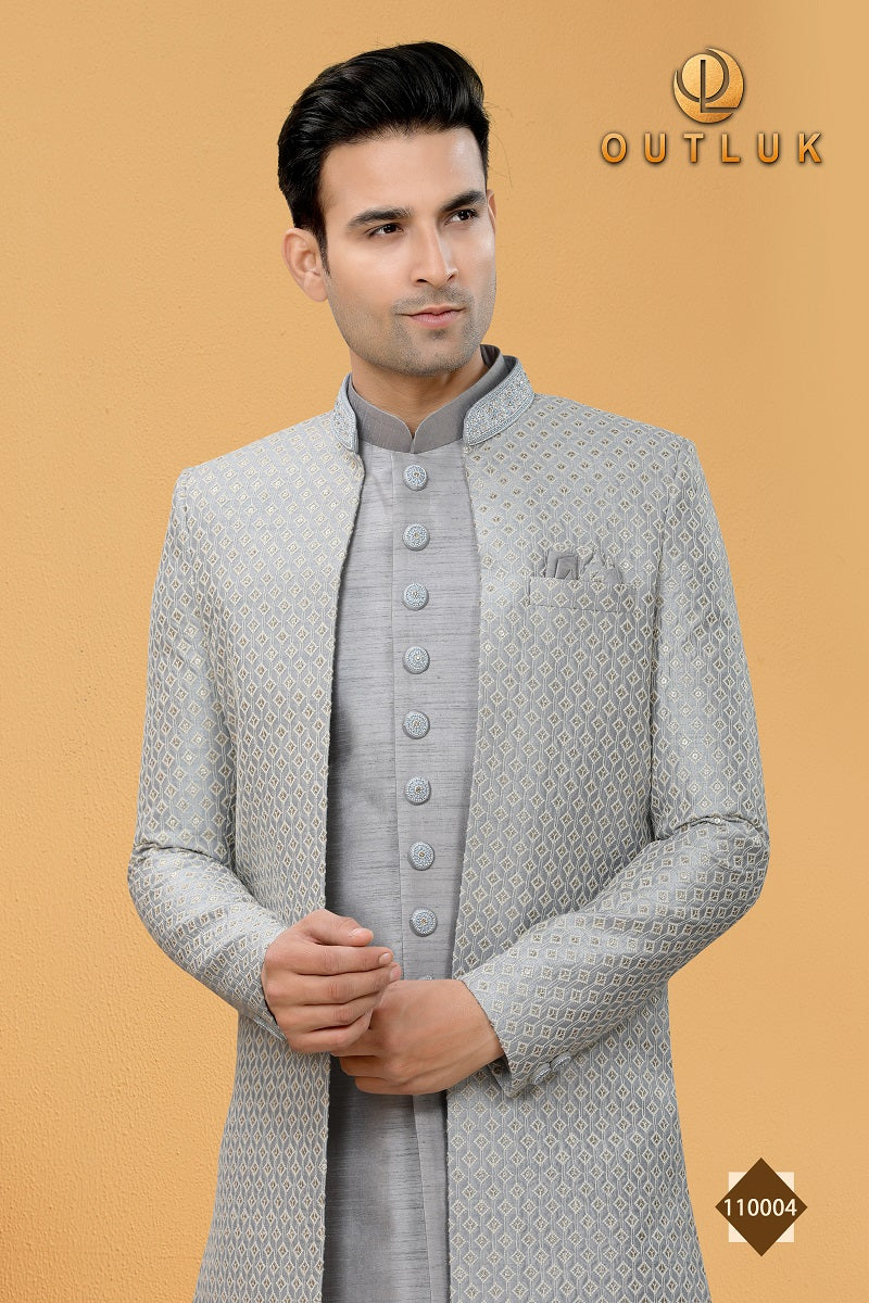 Grey Art Silk Mens Indo western 110004