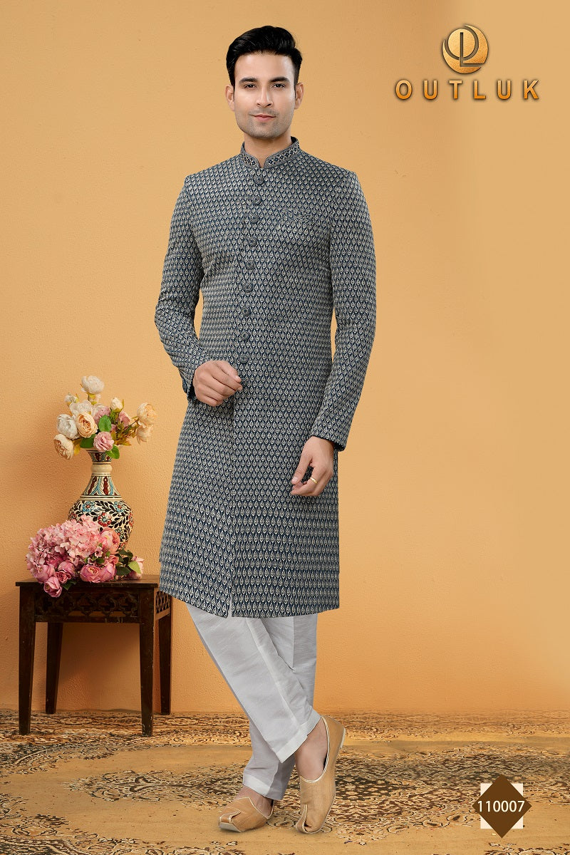 Grey Art Silk Mens Indo western 110007