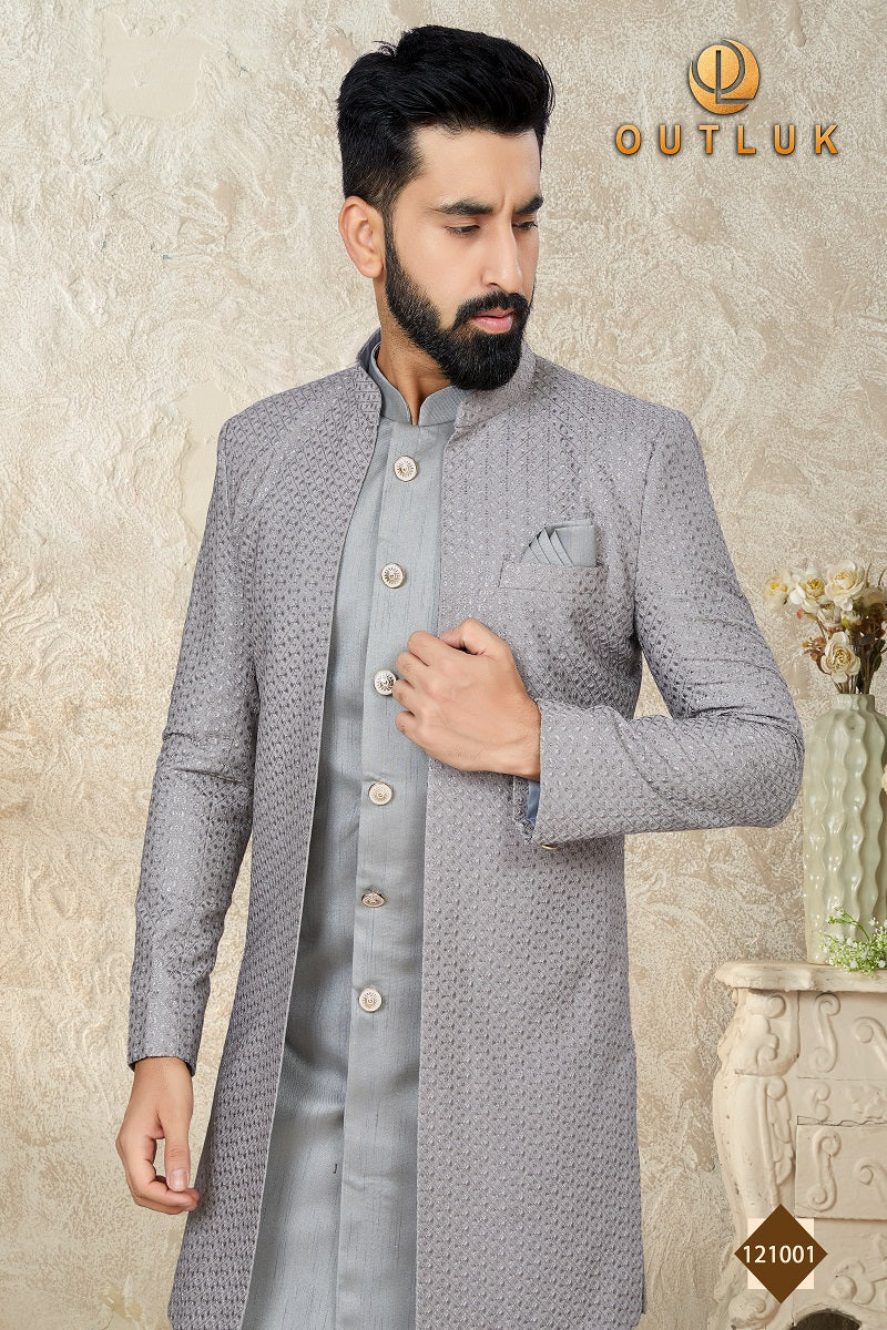 Gray Mataka Silk Mens Indo Western 121001