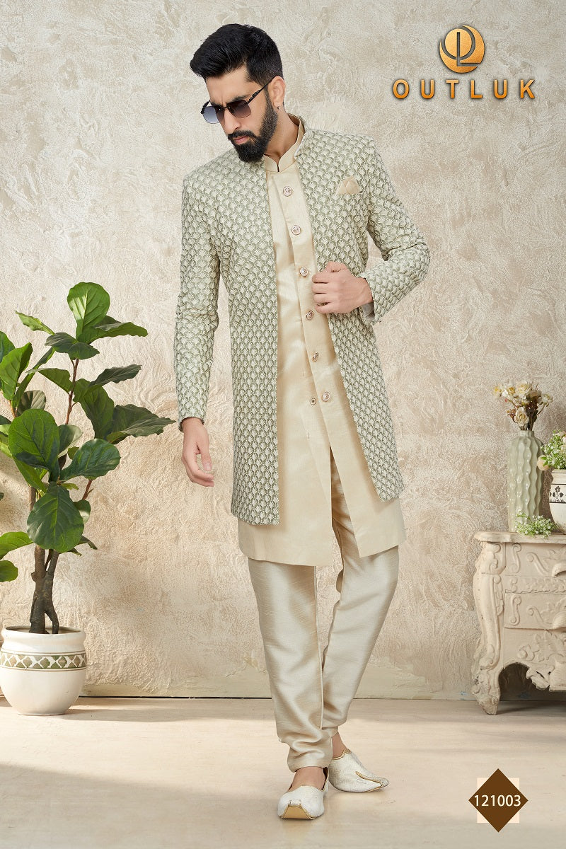 Beige Mataka Silk Mens Indo Western 121003
