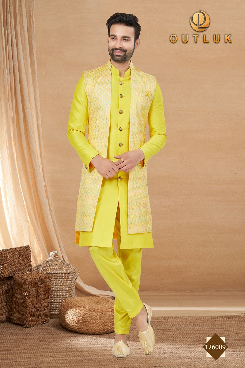 Lemon Yellow Art Silk Mens Indo Western 126009