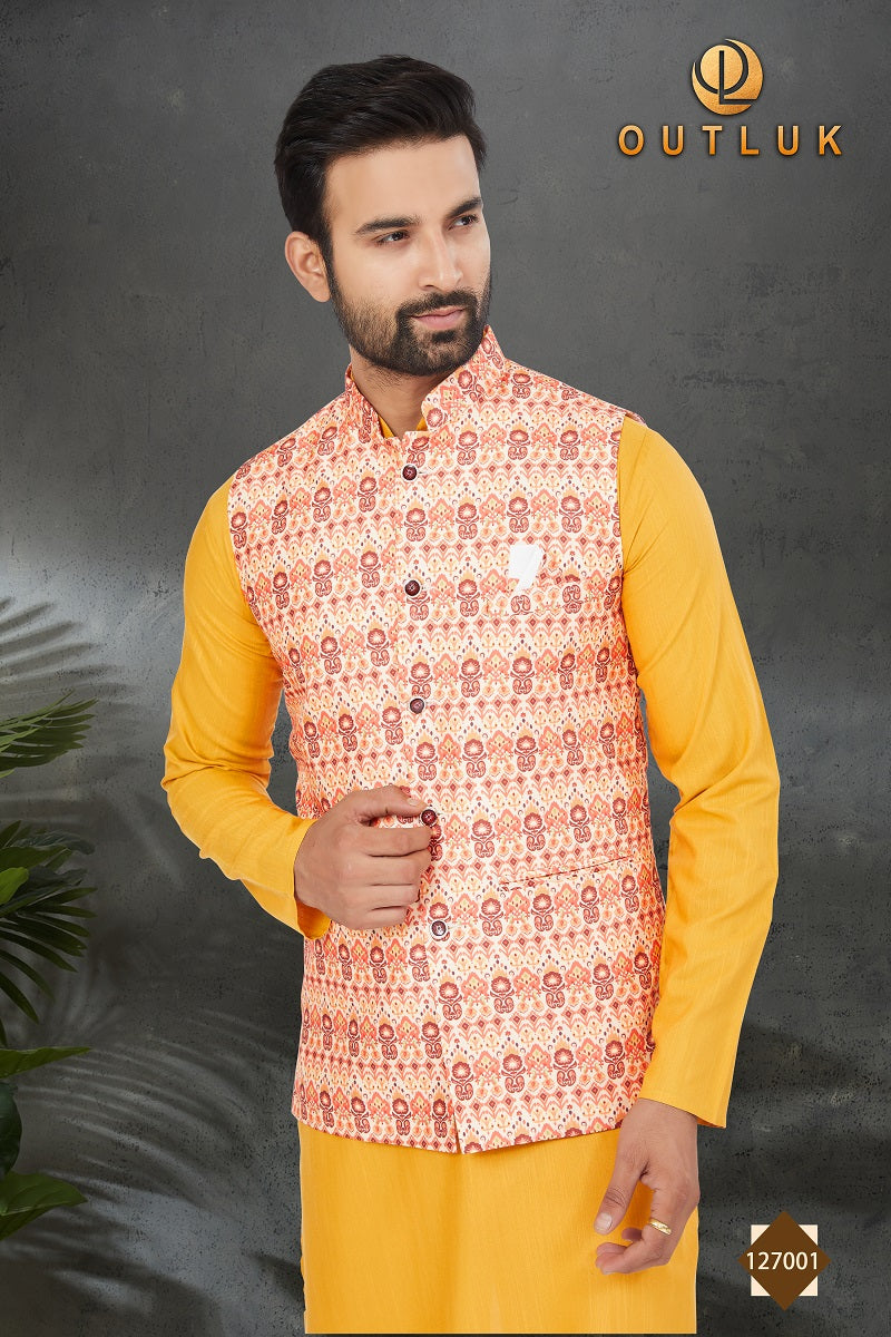 Yellow Cotton Mens Kurta Pajama with Jackets 127001