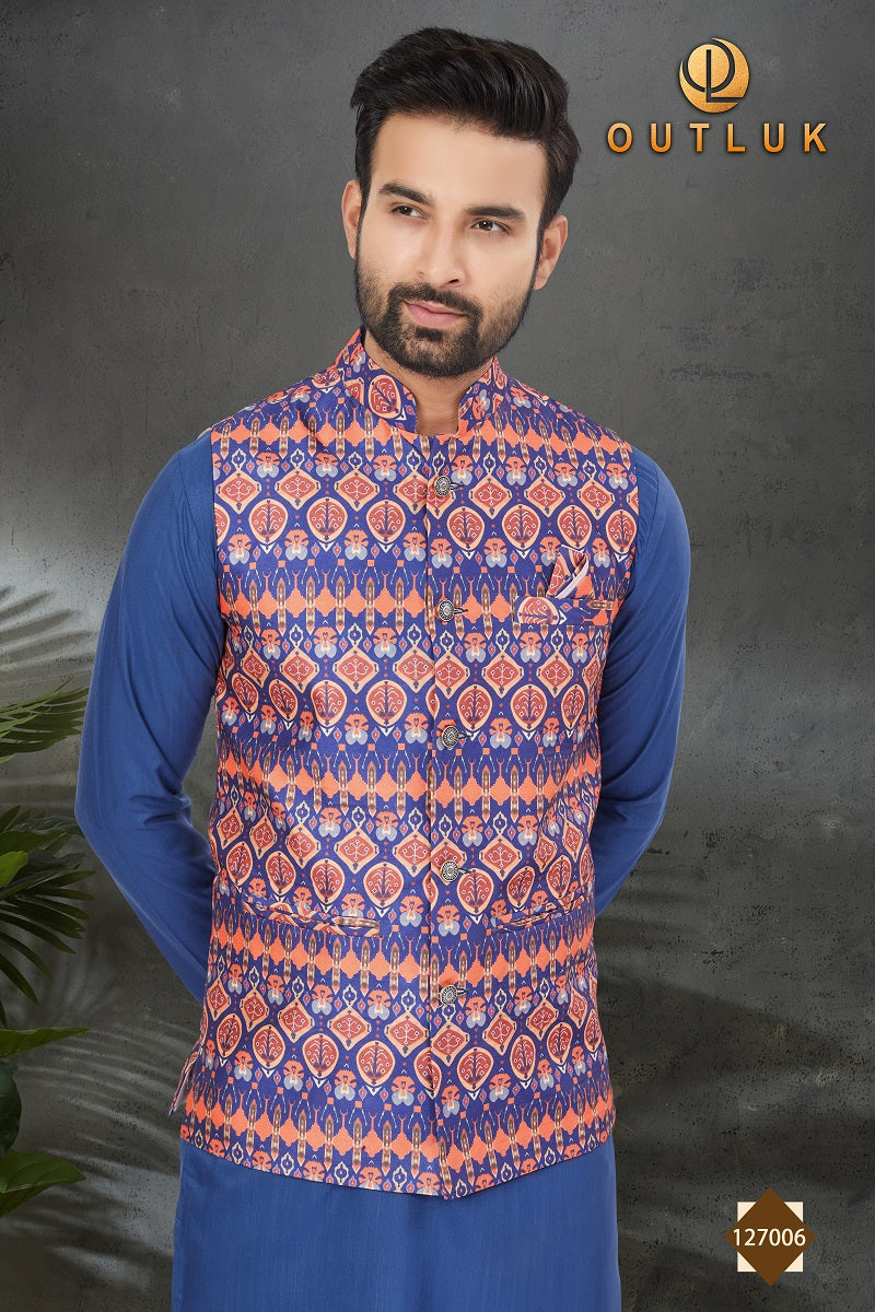 Blue Cotton Mens Kurta Pajama with Jackets 127006