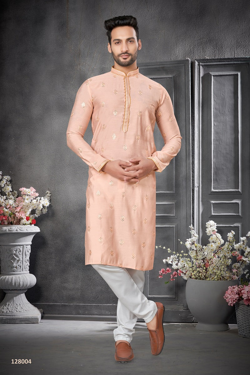 Peach Cotton Silk Mens Kurta Pajama 128004