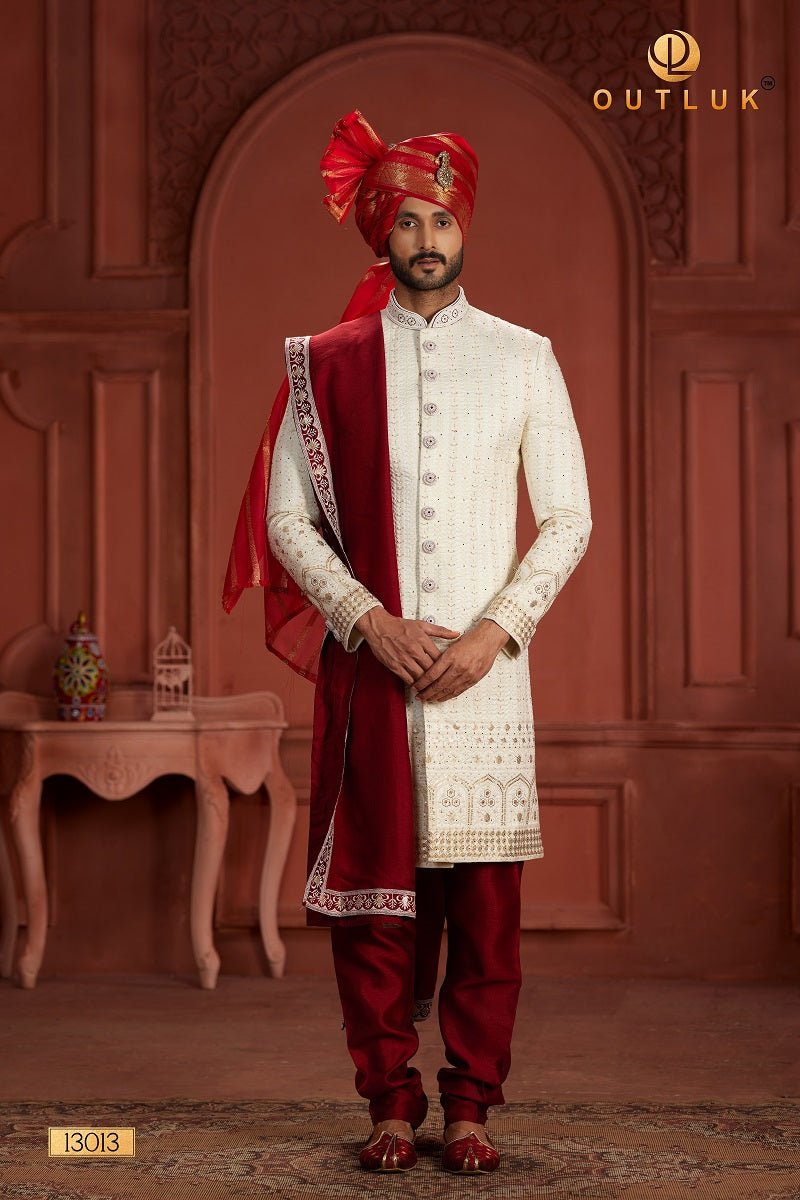 Cream and Golden Pure Silk Mens Sherwani 13013