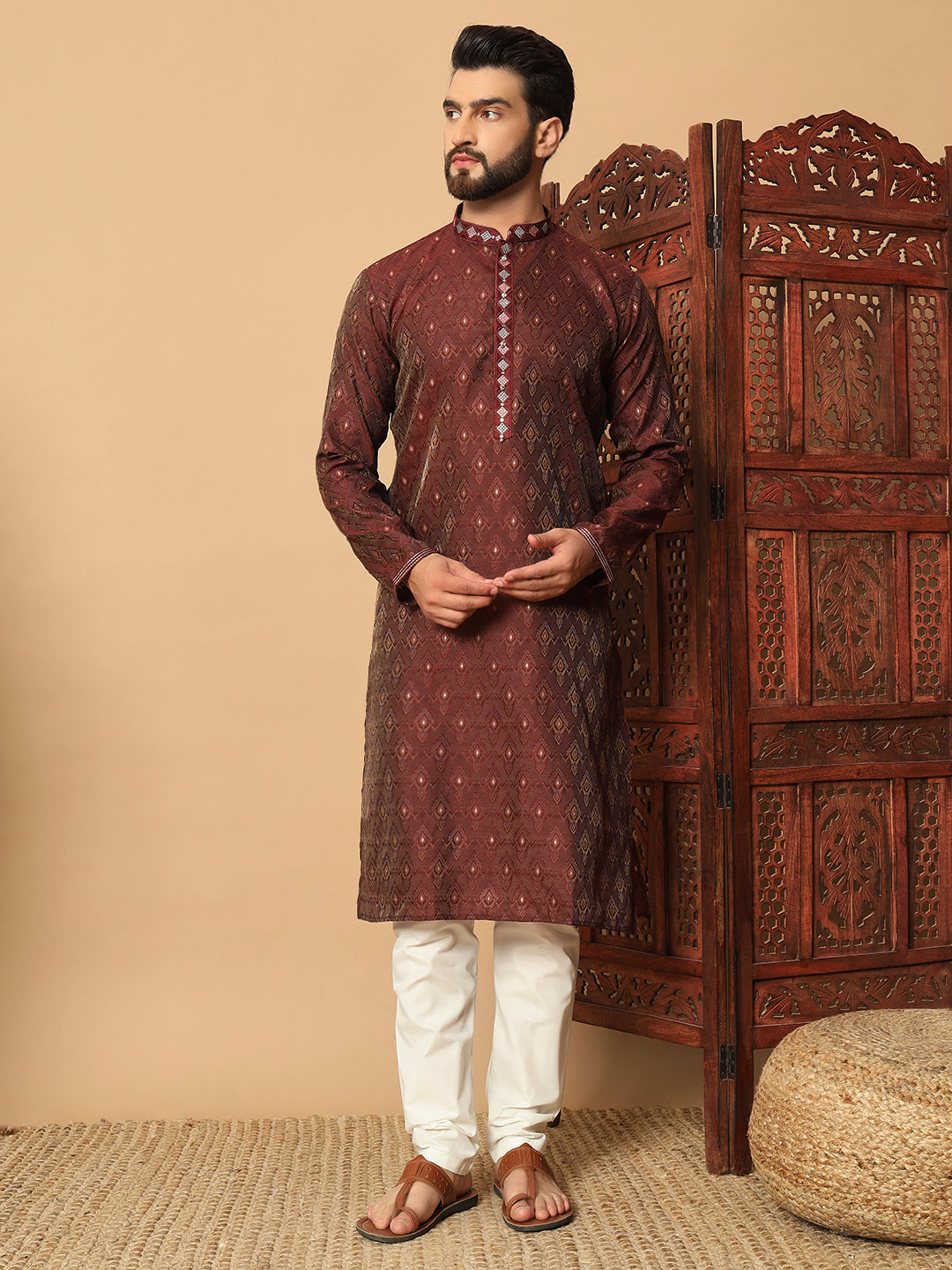 Red Jacquard Pintex Mens Kurta Pajama 131001