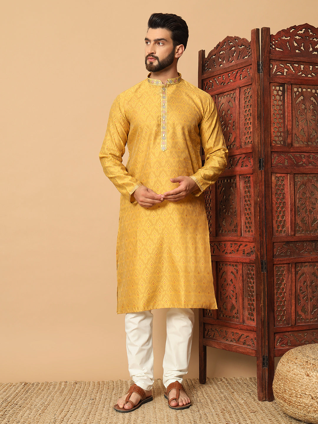 Yellow Jacquard Pintex Mens Kurta Pajama 131002