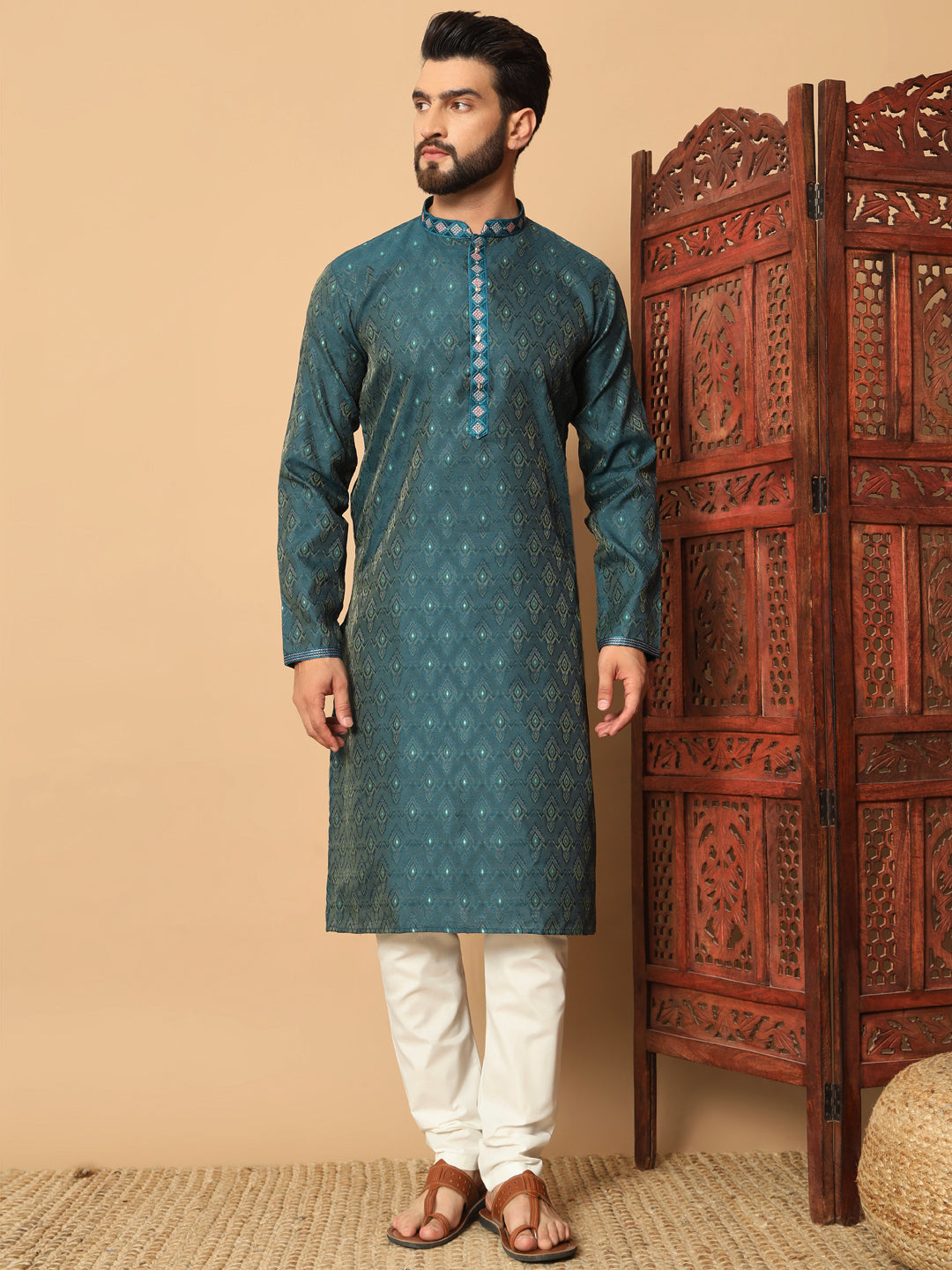 Green Jacquard Pintex Mens Kurta Pajama 131003