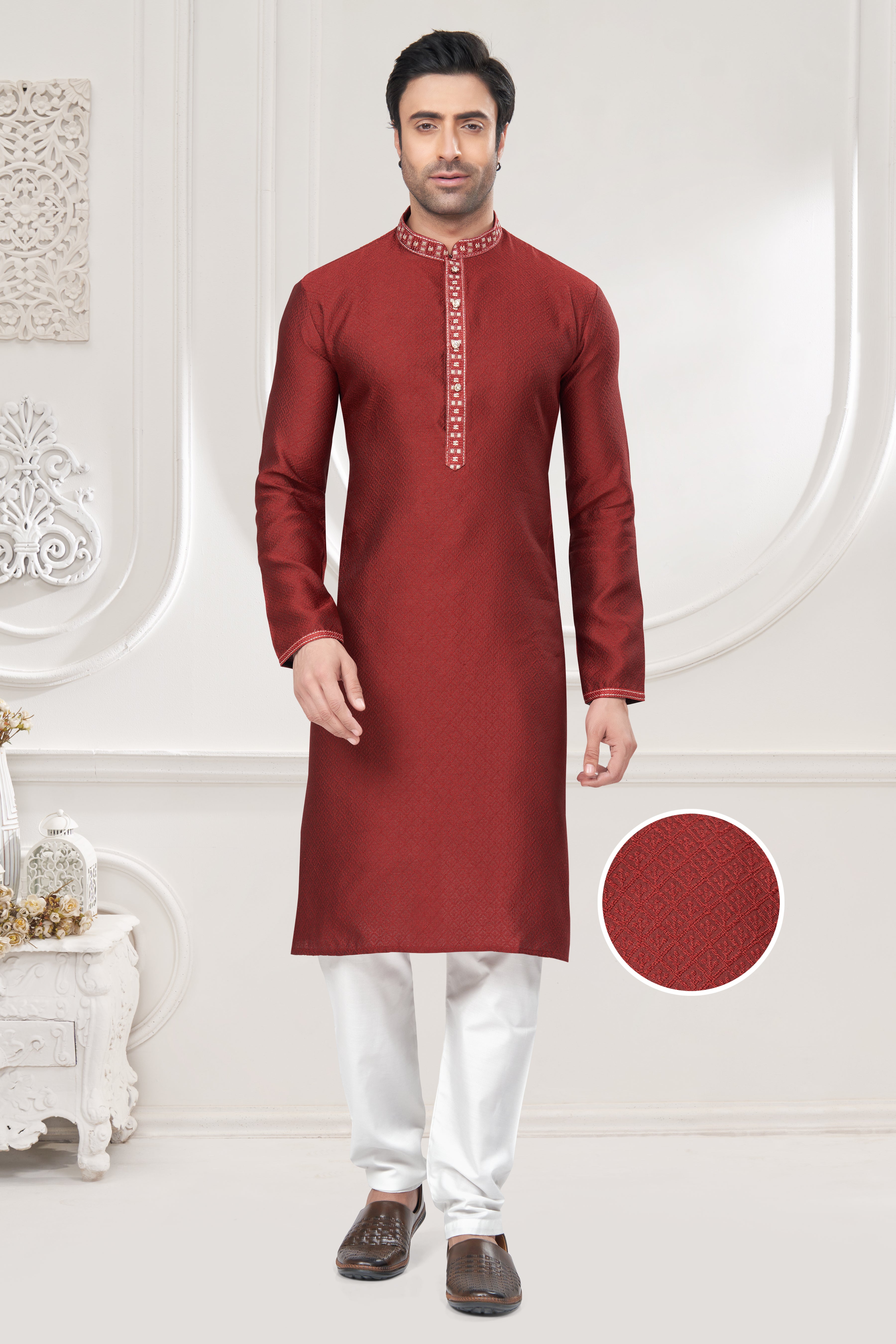 Red Jacquard Pintex Mens Kurta Pajama 131004
