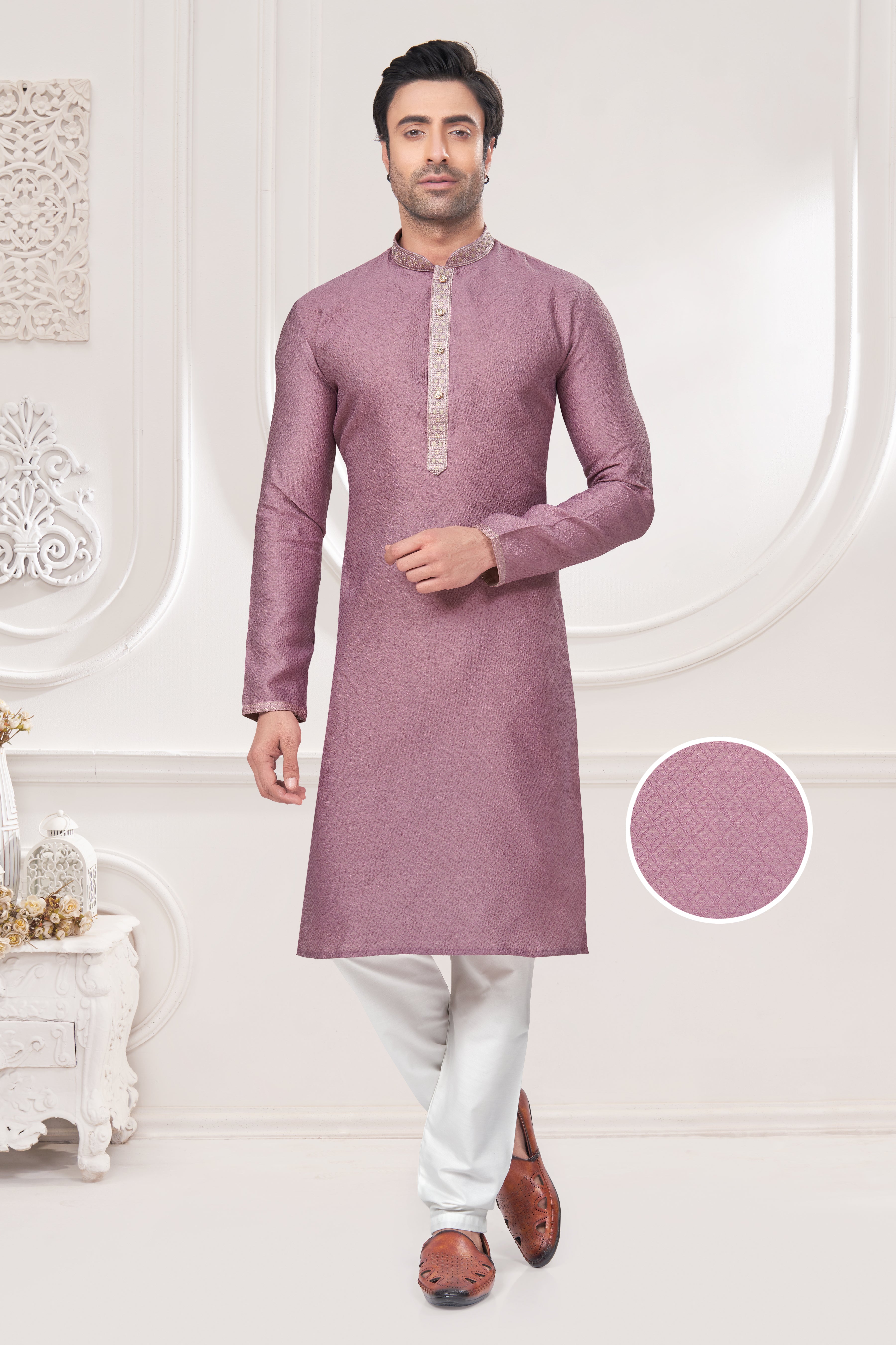 Lavender Pintex Jacquard Mens Kurta Pajama 131005