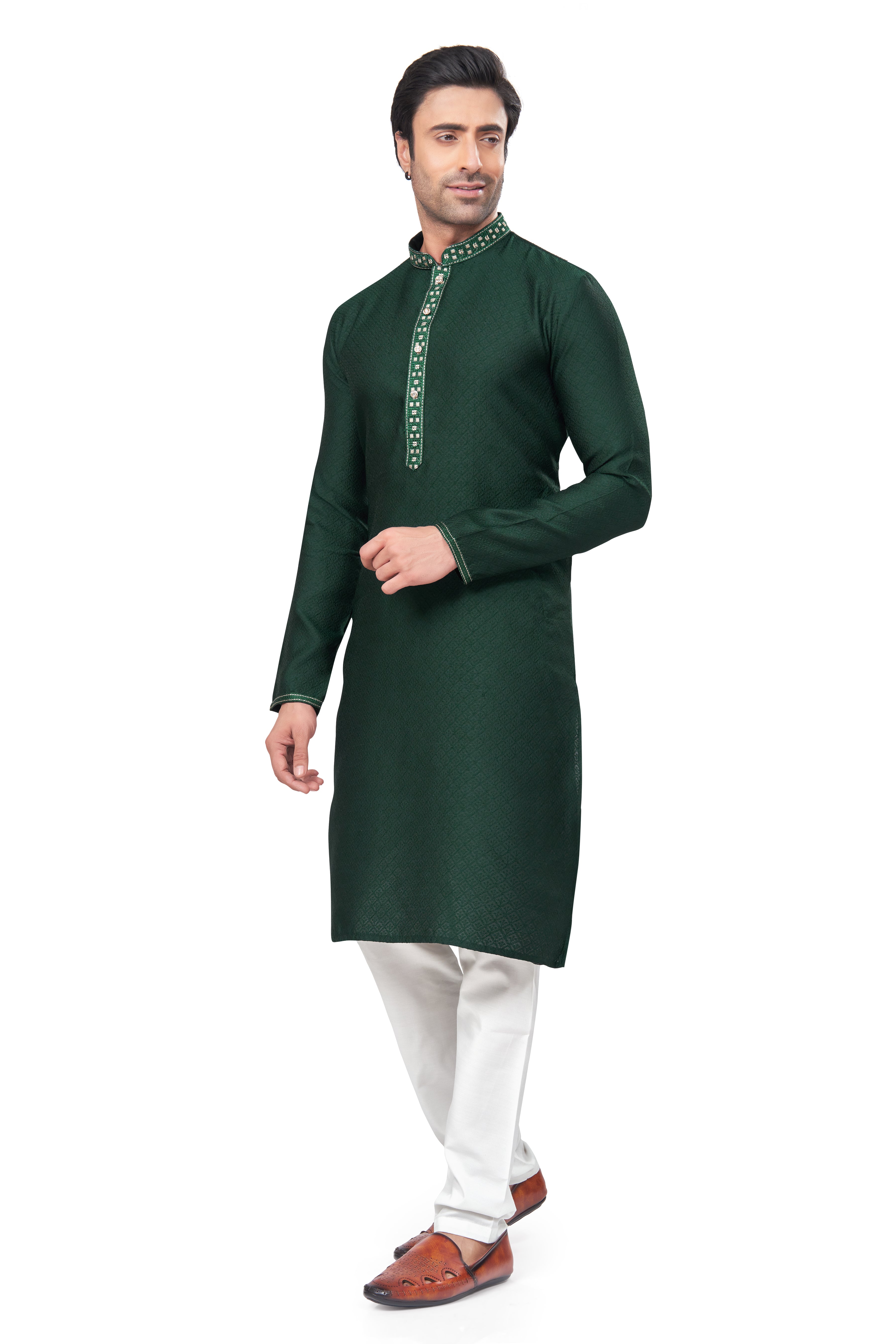 Green Pintex Jacquard Mens Kurta Pajama 131006