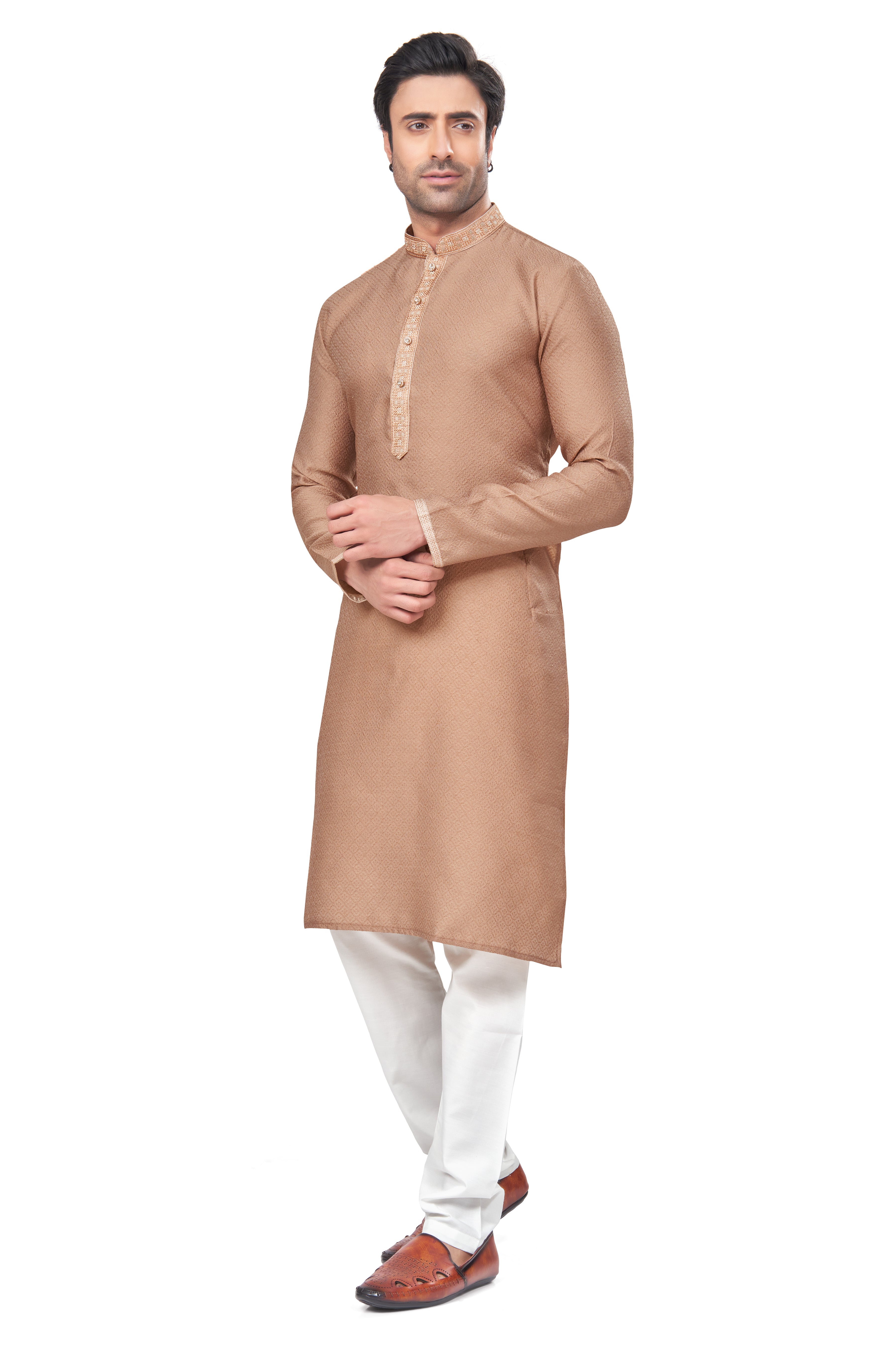 Beige Jacquard Pintex Mens Kurta Pajama 131007