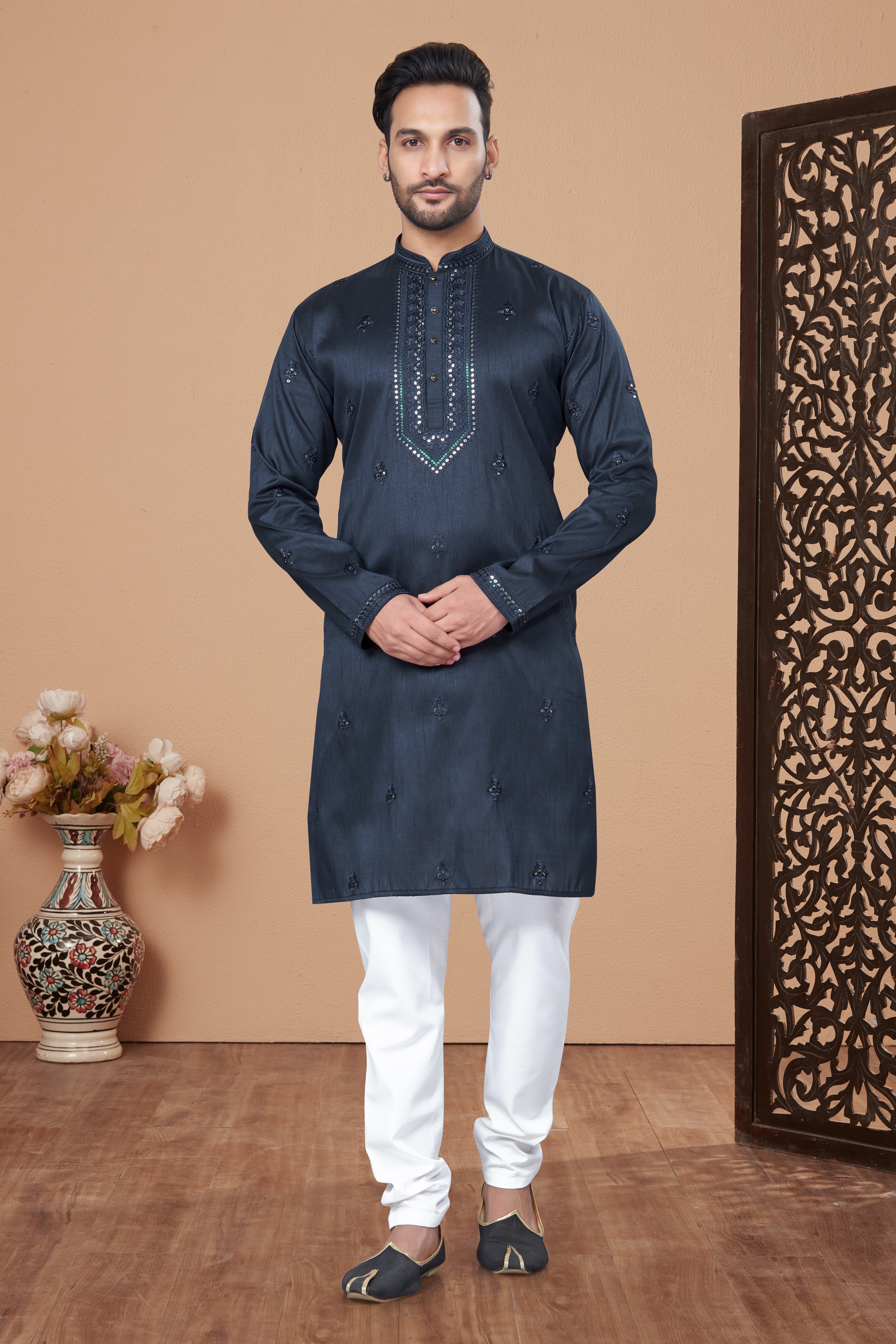 Navy Blue Pure Silk Mens Kurta Pajama 131010
