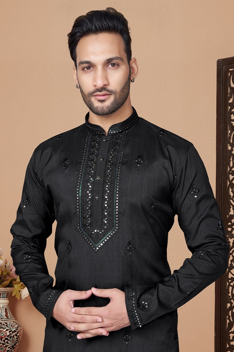 Black Jacquard Mens Kurta Pajama 131011