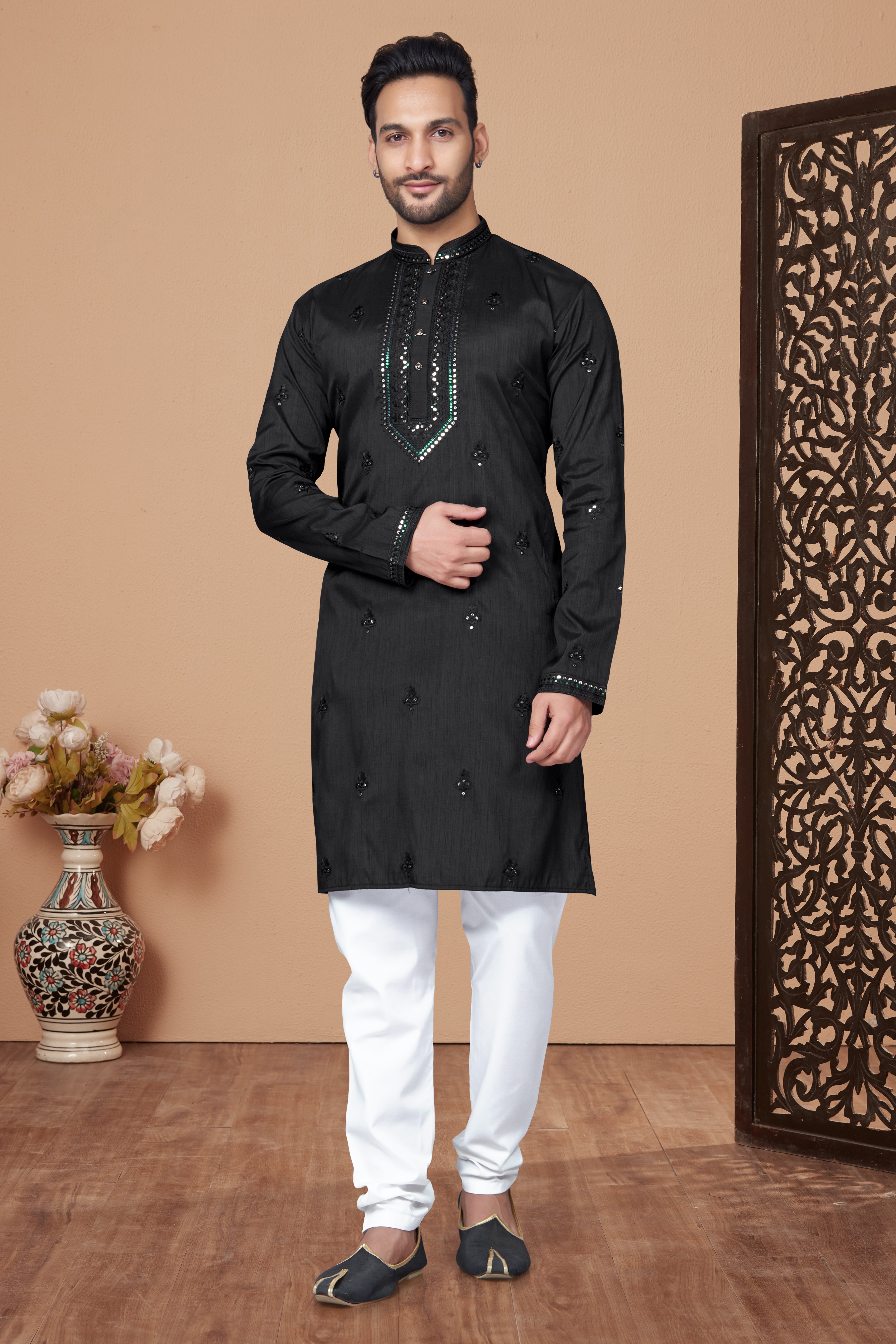 Black Pure Silk Mens Kurta Pajama 131011
