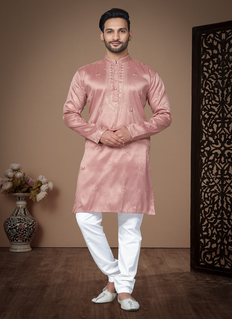 Peach Pure Silk Mens Kurta Pajama 131012