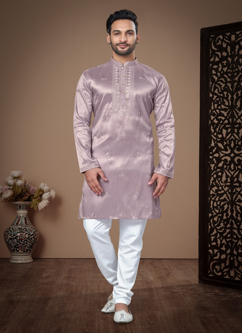 Light Purple Pure Silk Mens Kurta Pajama 131013