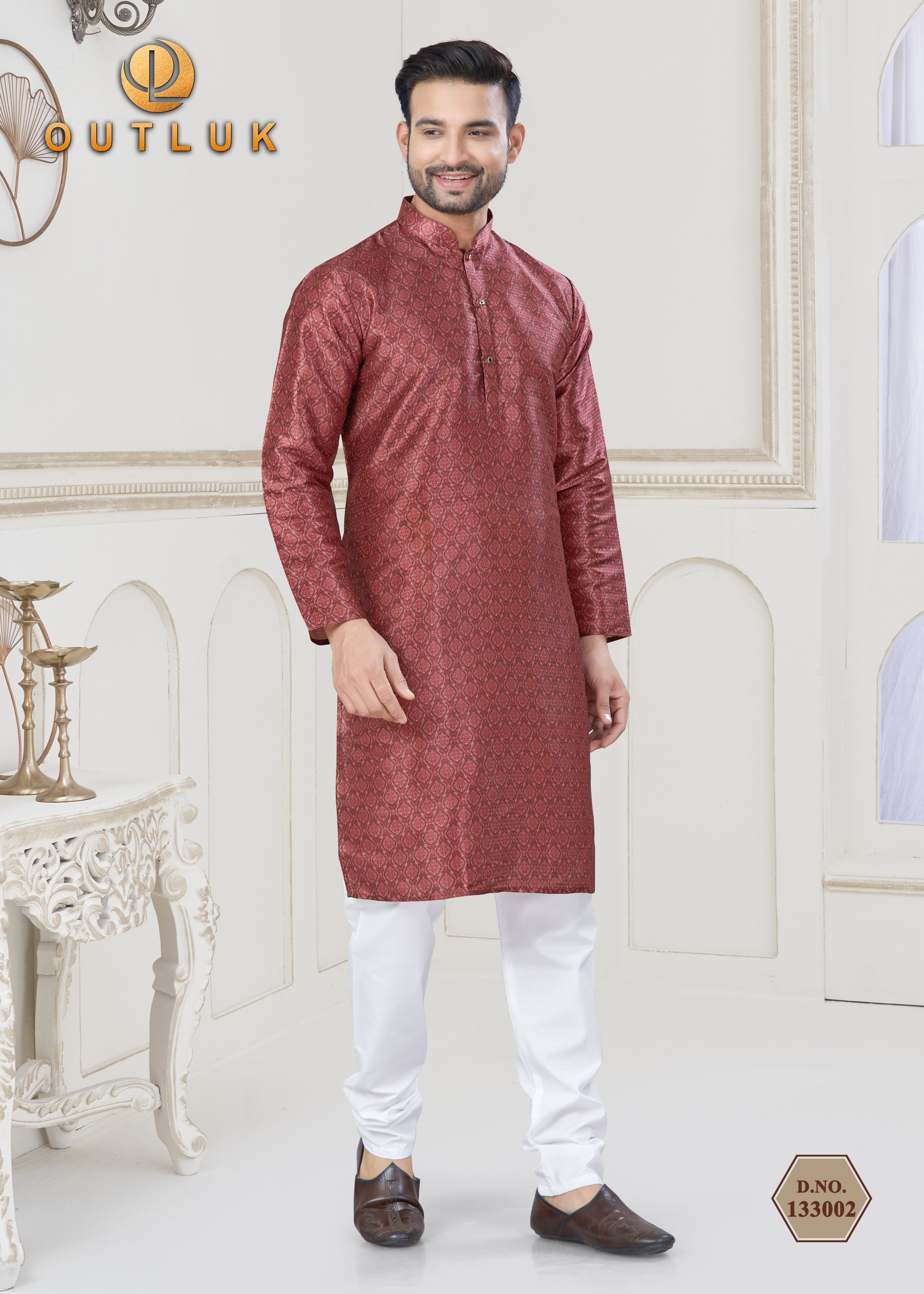 Red Jecquard Mens Kurta Pajama 133002