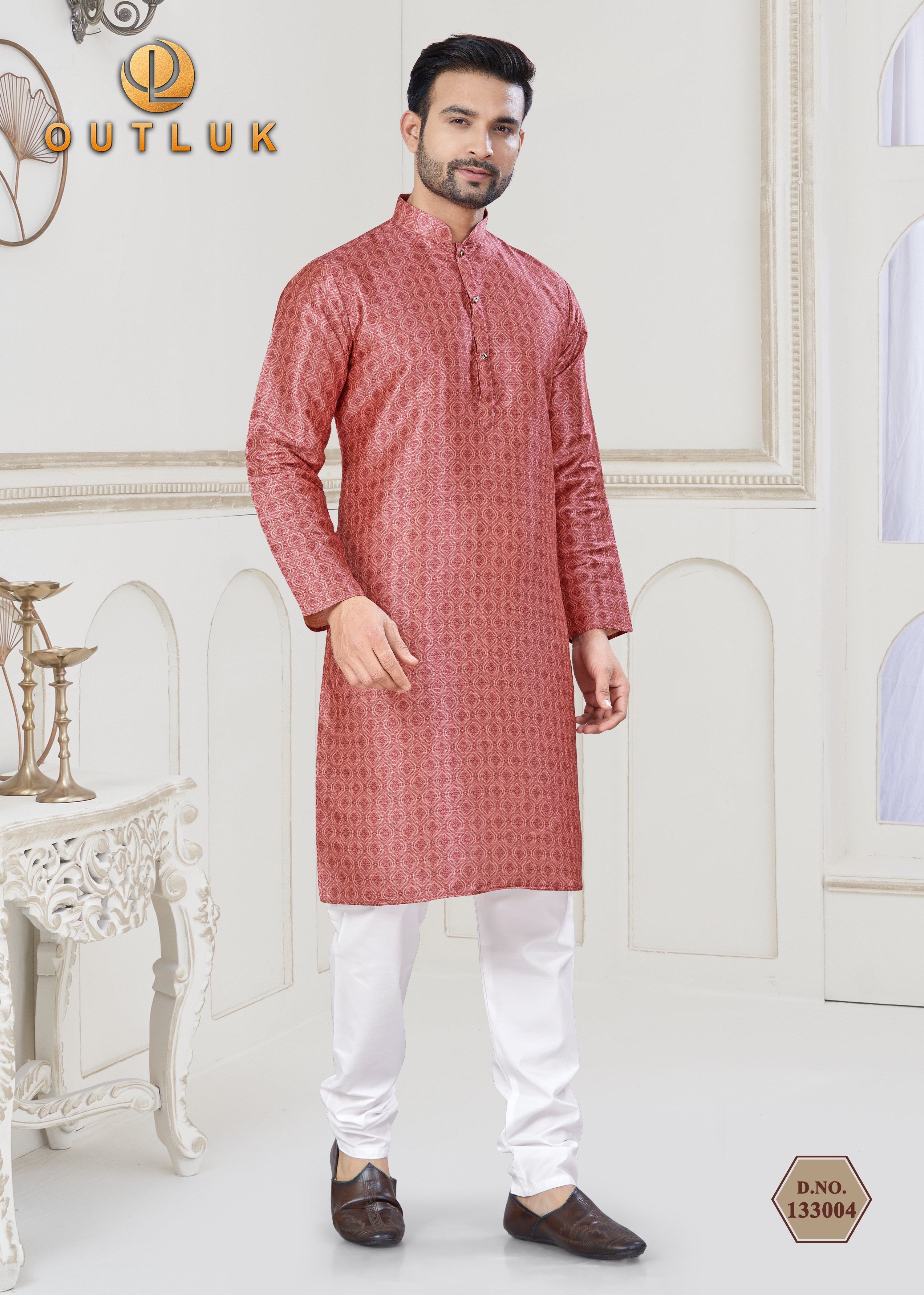 Pink Jecquard Mens Kurta Pajama 133004