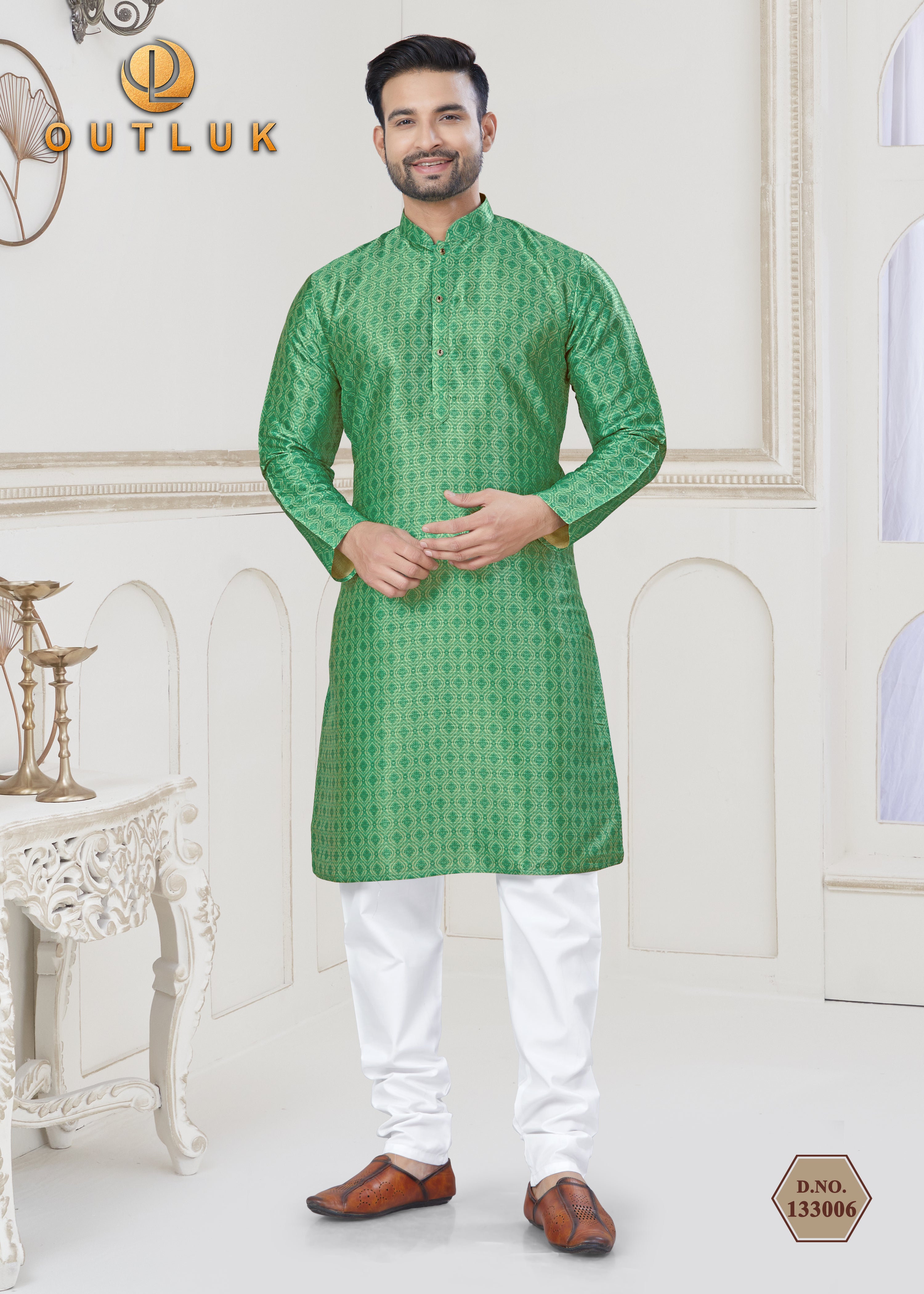 Green Jecquard Mens Kurta Pajama 133006
