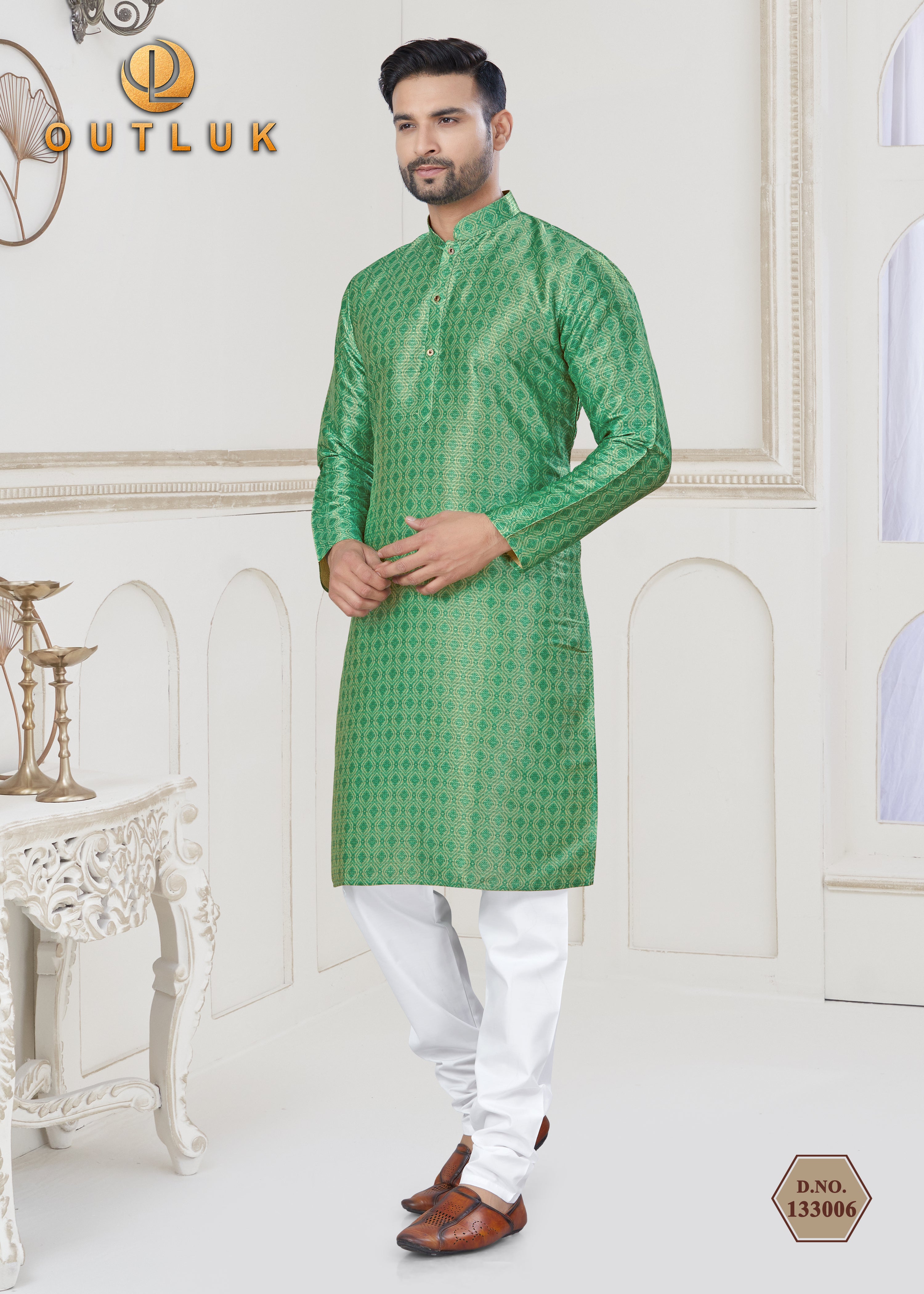 Green Jecquard Mens Kurta Pajama 133006
