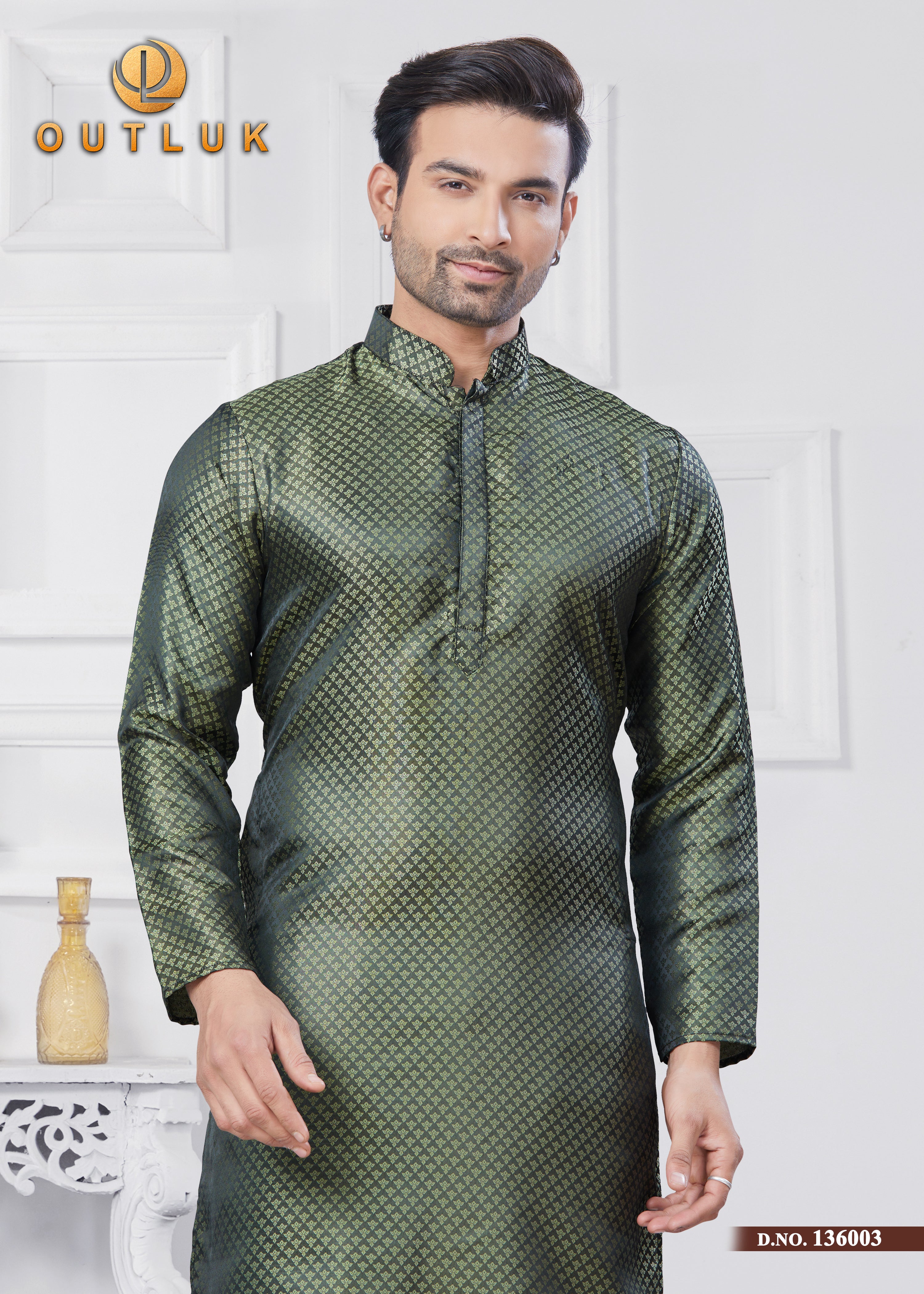 Green Jecquard Silk Mens Kurta Pajama 136003