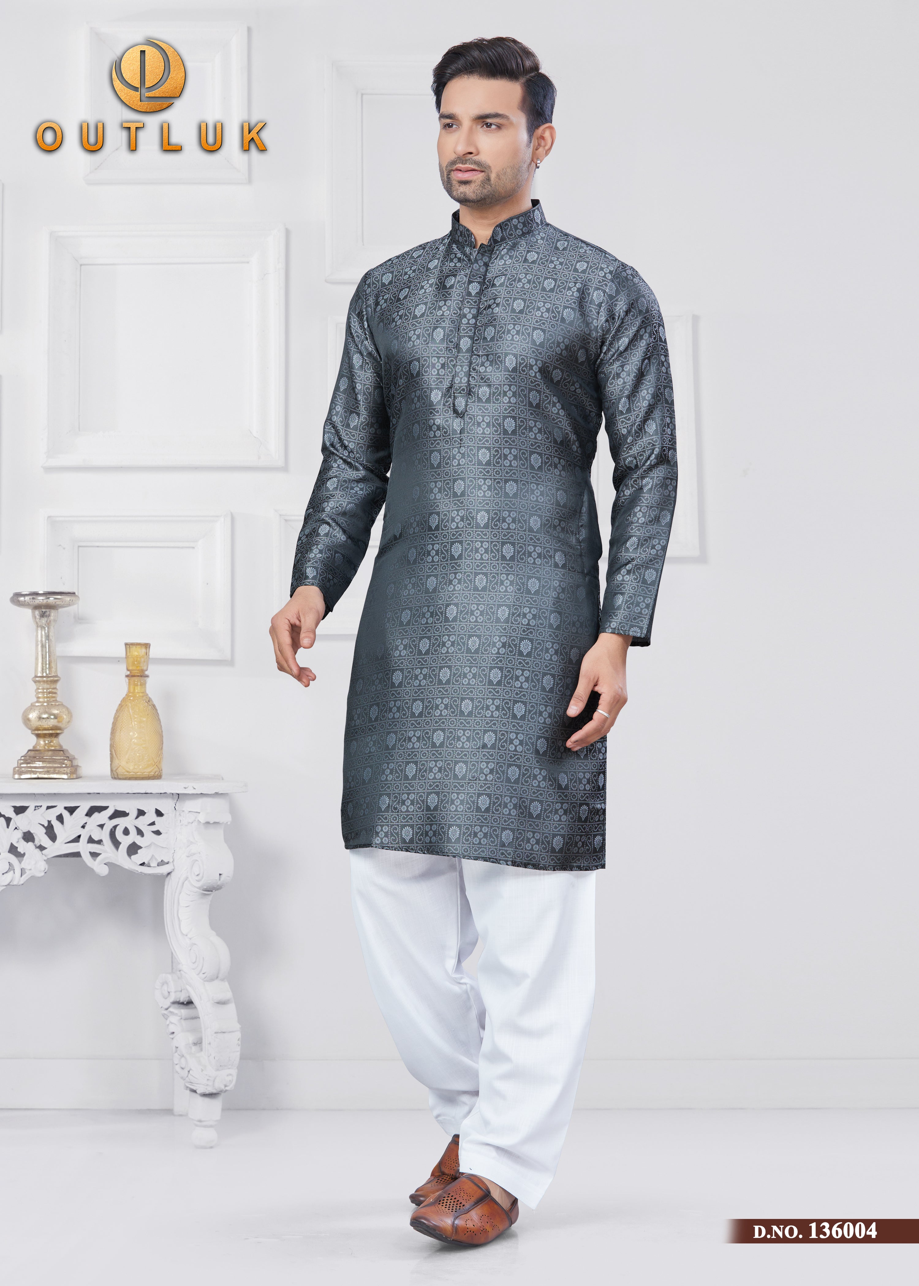 Grey Jecquard Silk Mens Kurta Pajama 136004