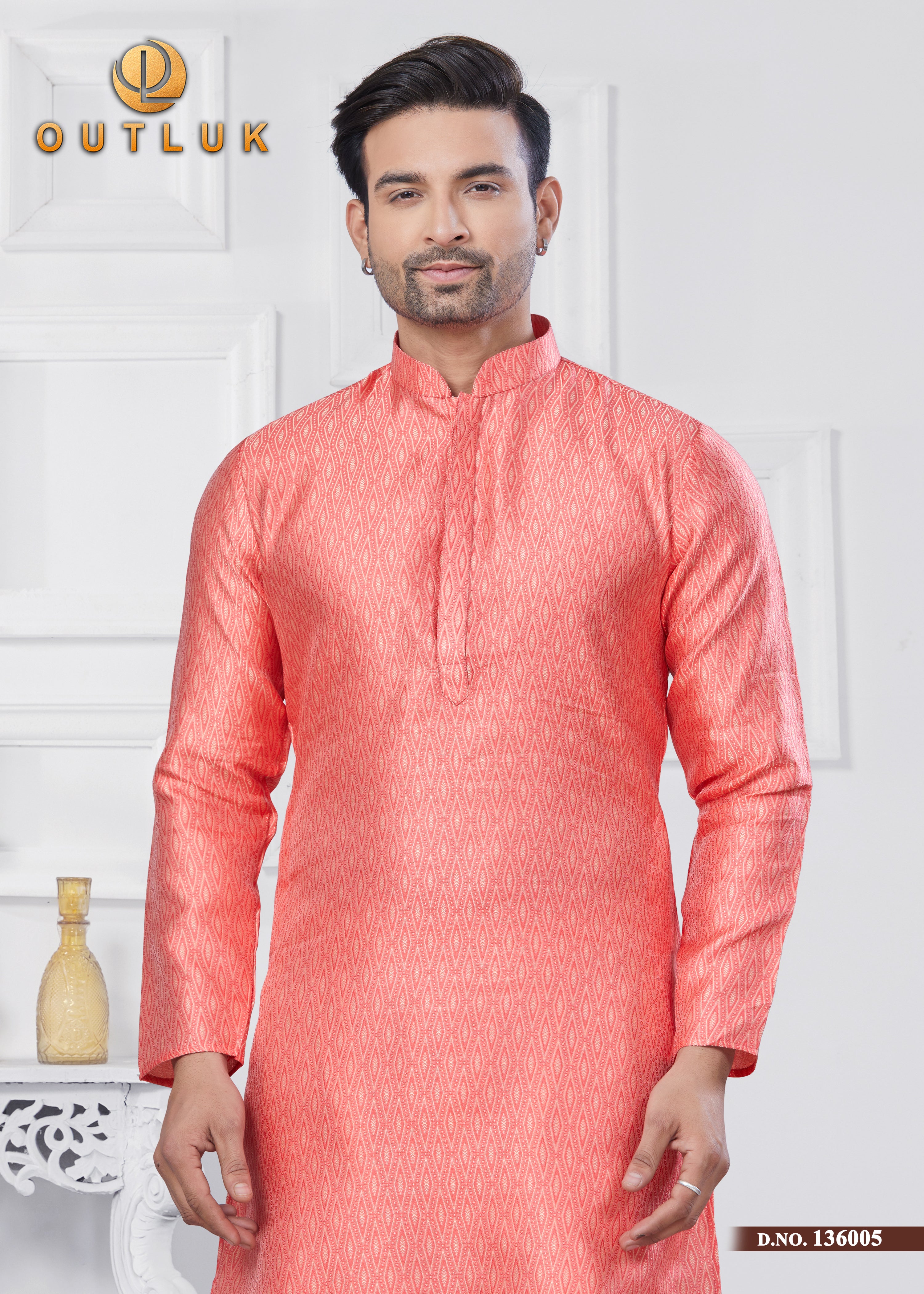 Pink Jecquard Silk Mens Kurta Pajama 136005