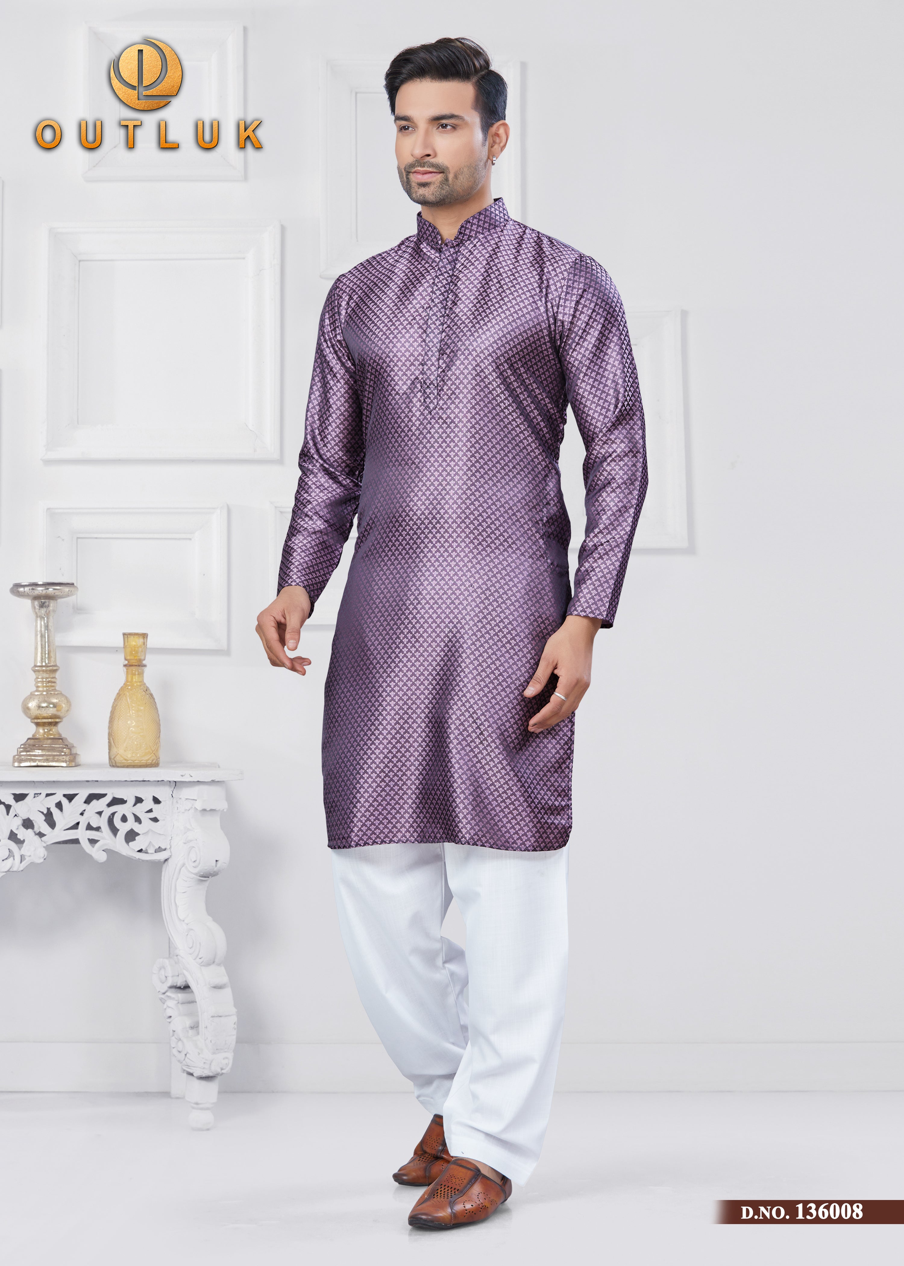 Purple Jecquard Silk Mens Kurta Pajama 136008