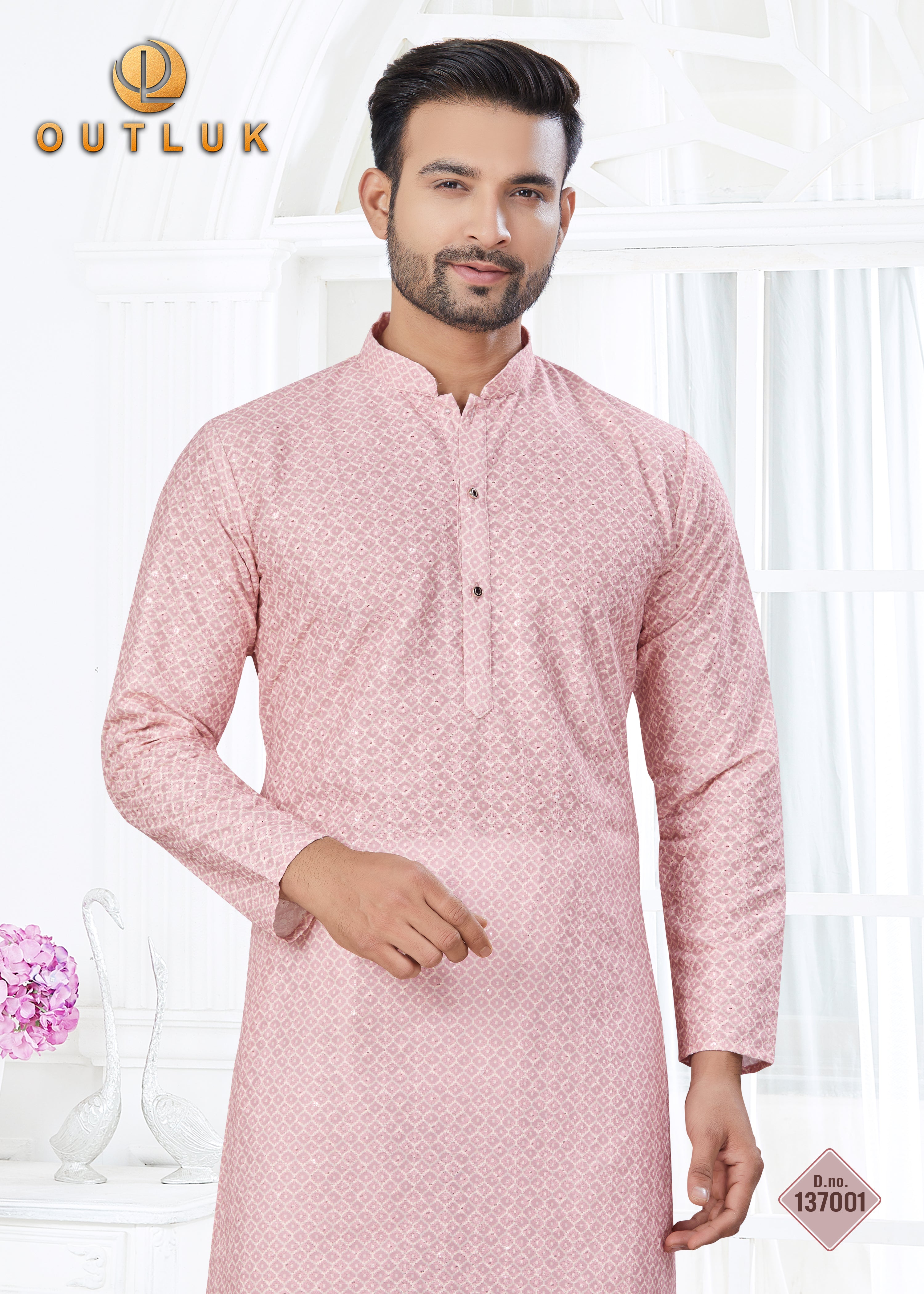 Pink Cotton With Lucknowi Work Mens Kurta Pajama 137001