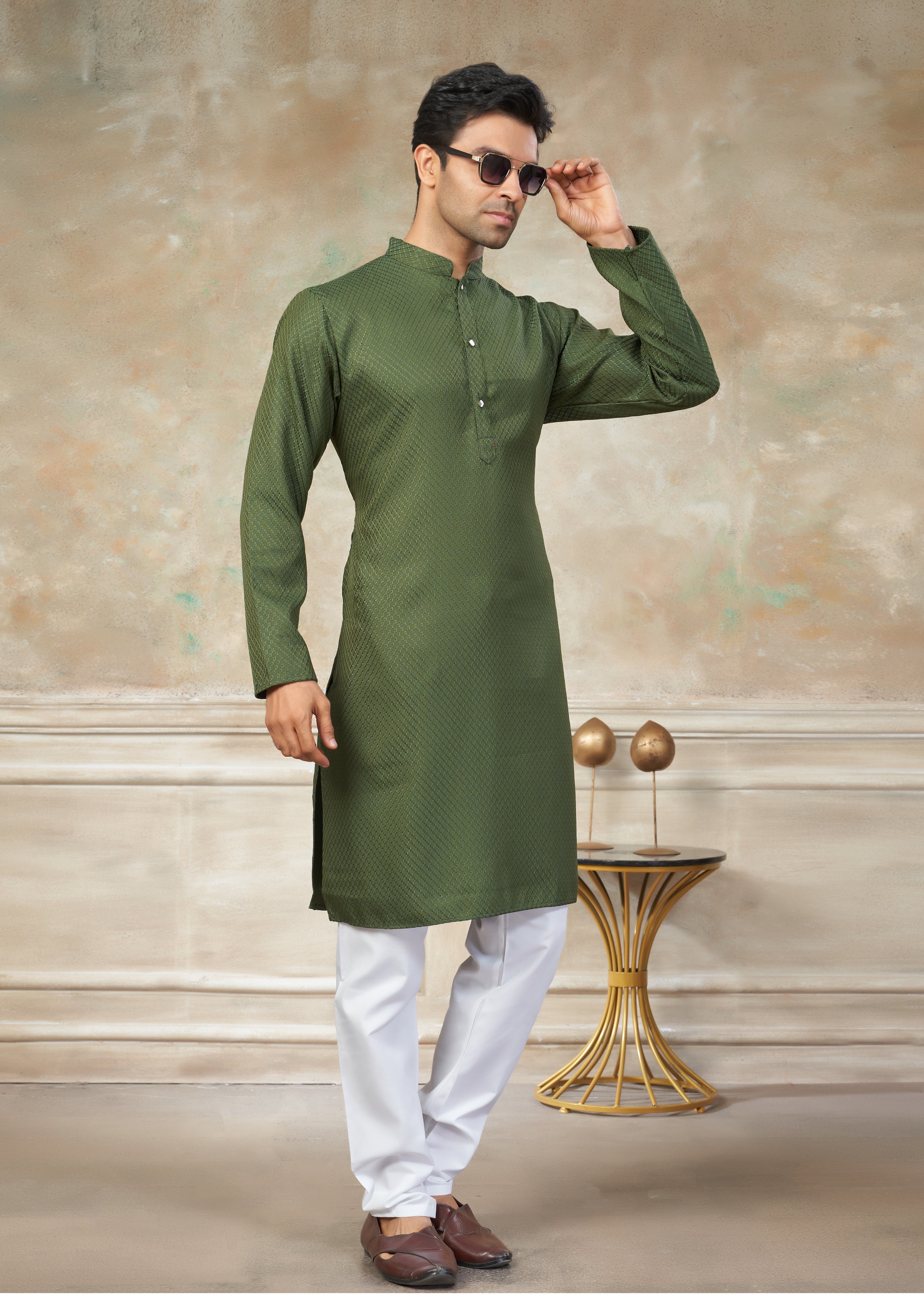 mehendi color Rayon Cotton kurta pajama menswear 138005