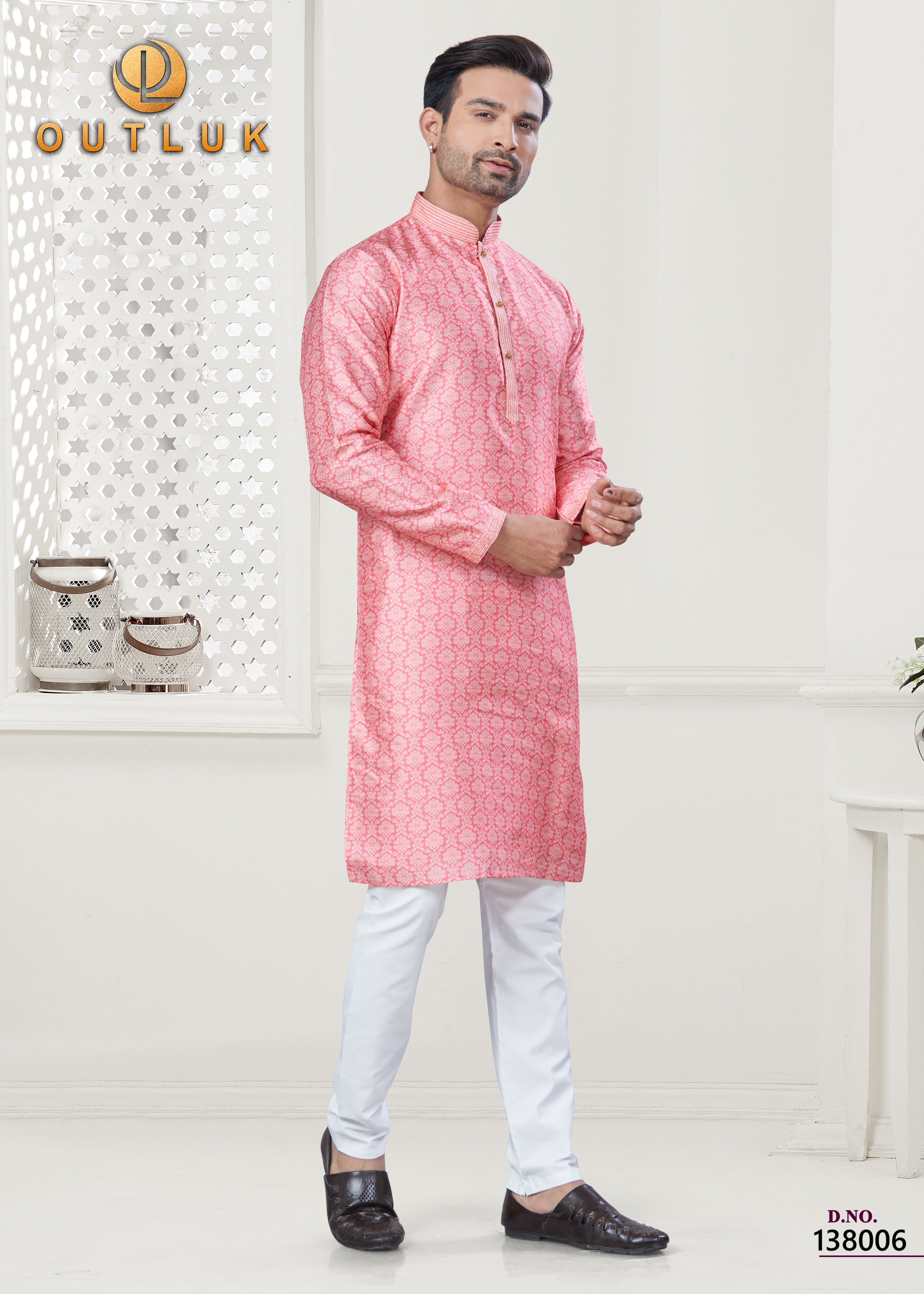 Pink Silk Mens Kurta Pajama 138006