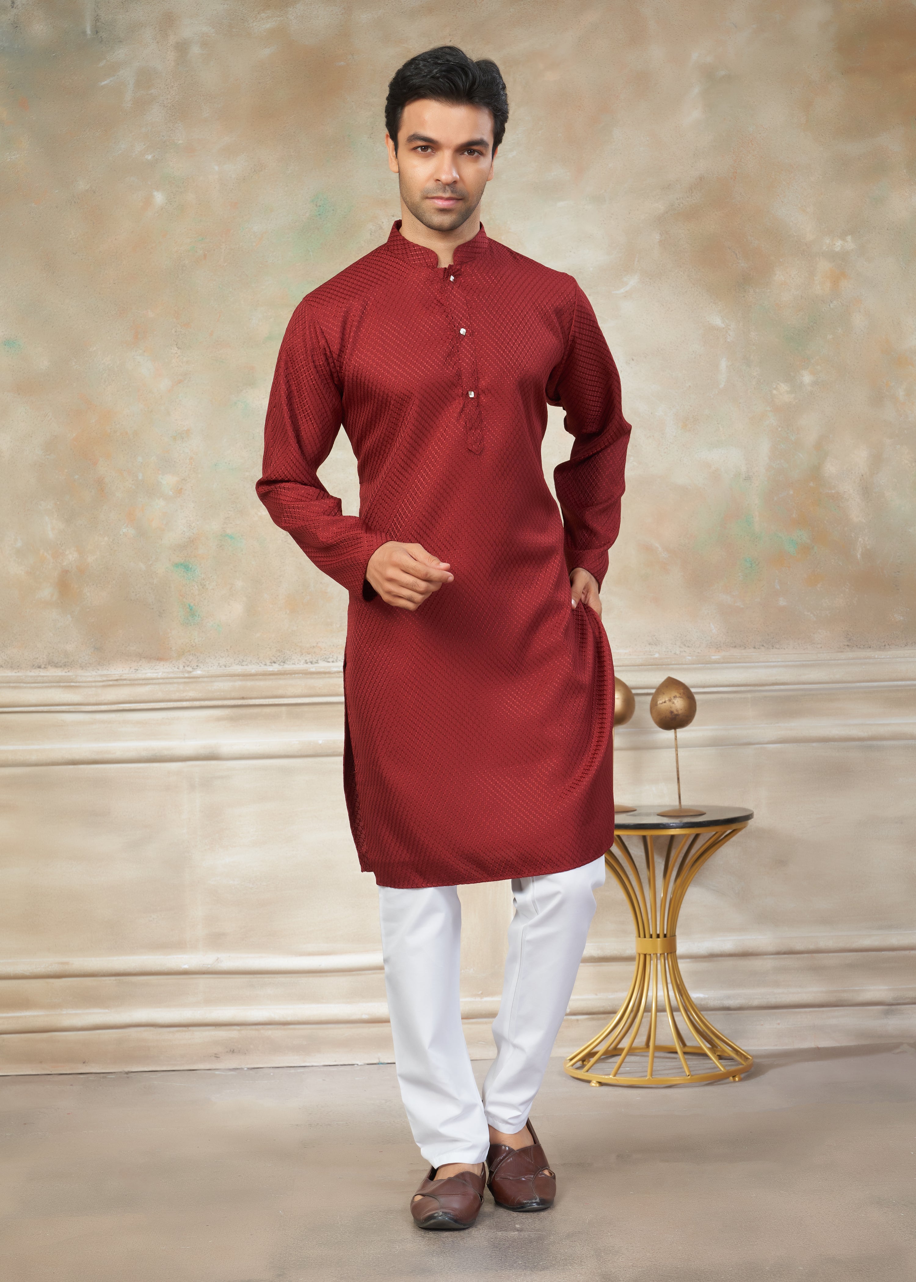 Red color Rayon Cotton kurta pajama menswear 138006