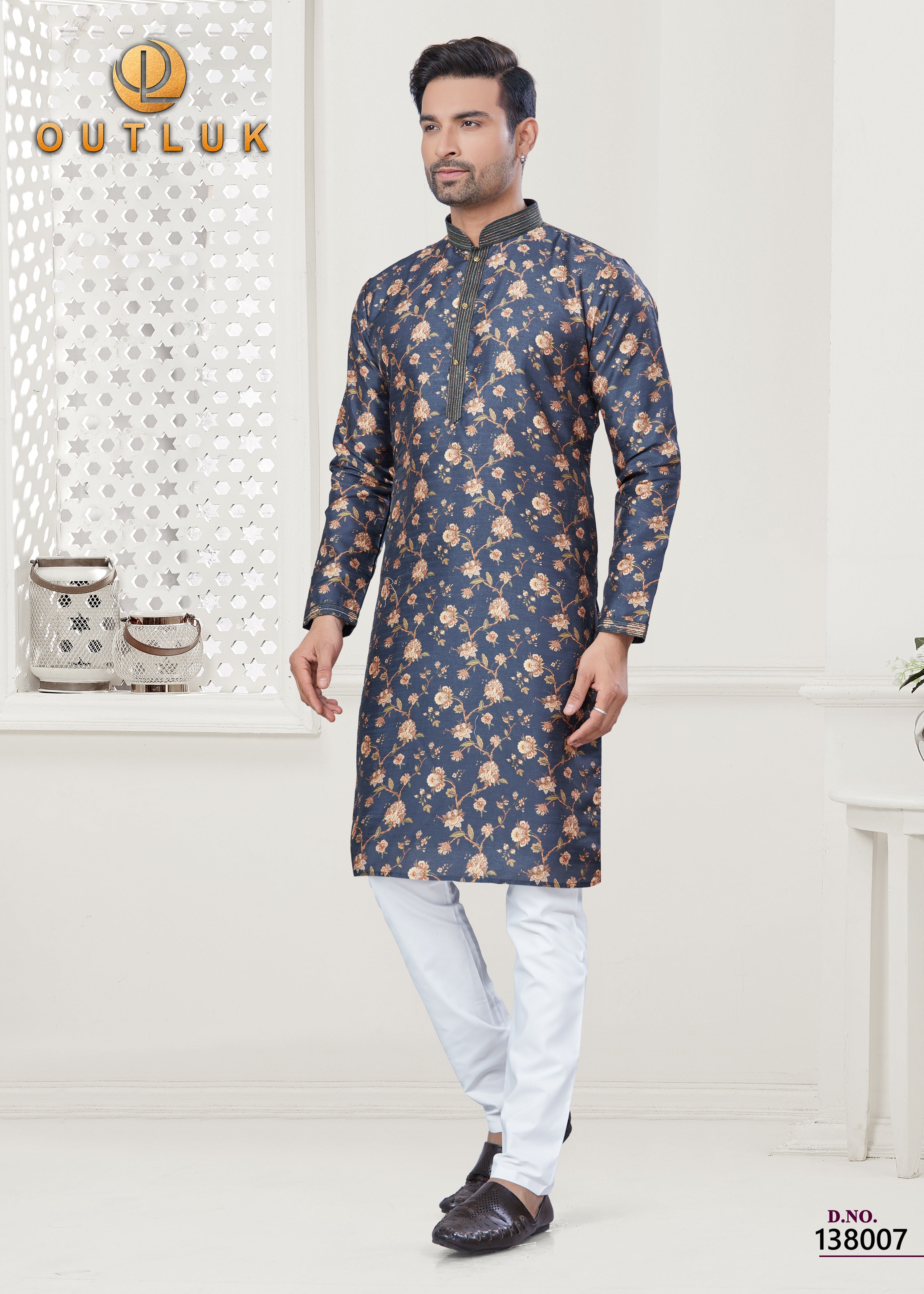 Dark Blue Silk Mens Kurta Pajama 138007