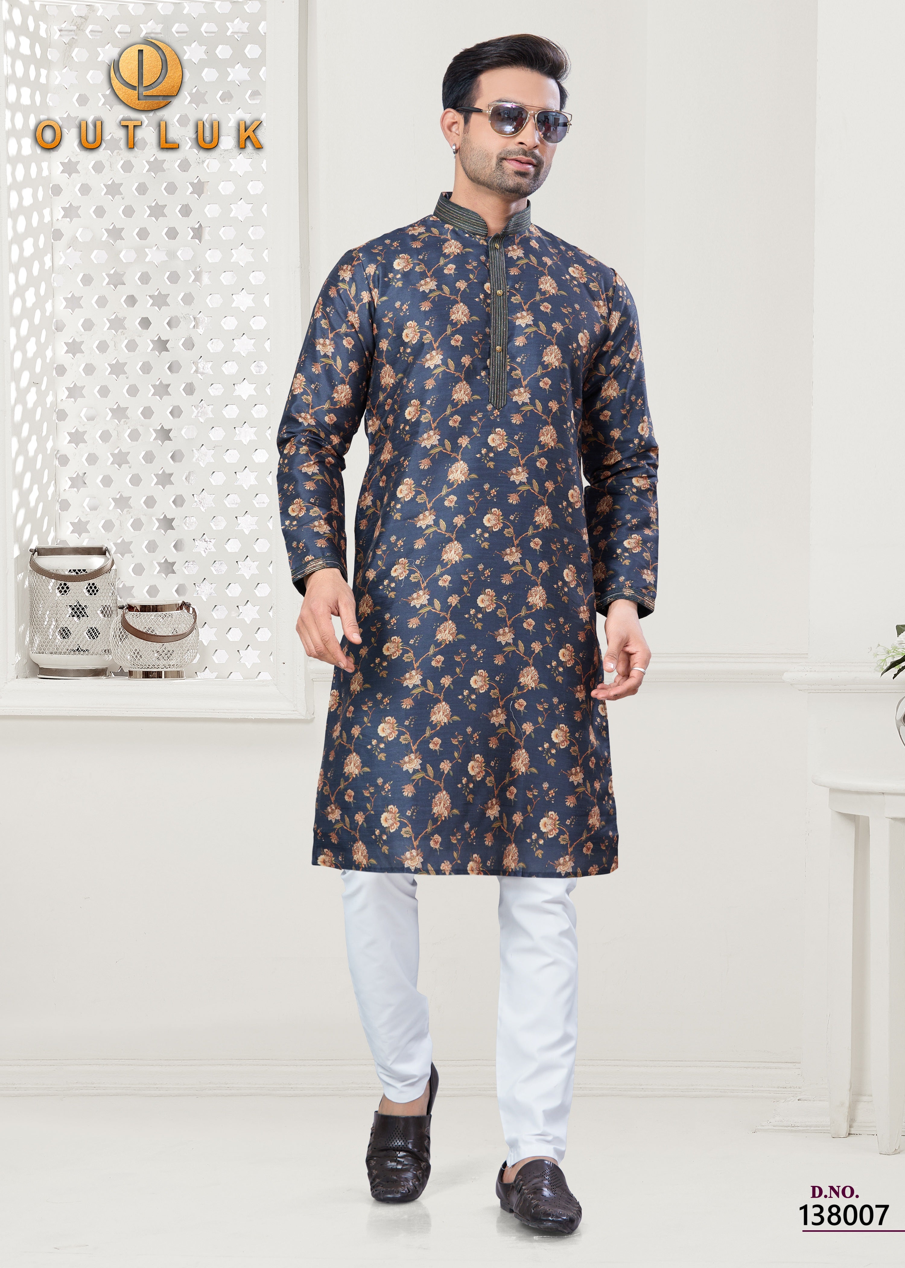 Dark Blue Silk Mens Kurta Pajama 138007
