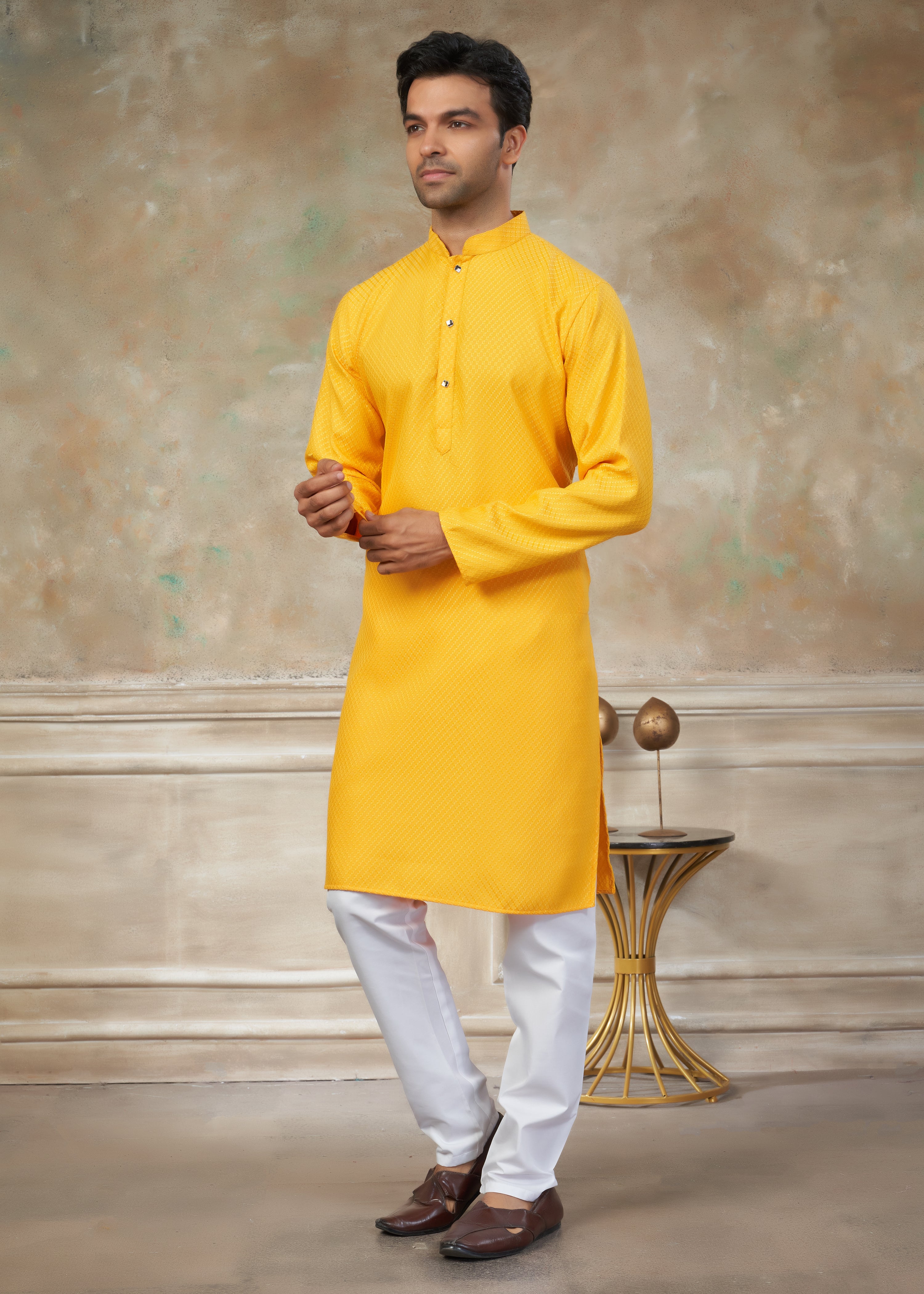 yellow color Rayon Cotton kurta pajama menswear 138007