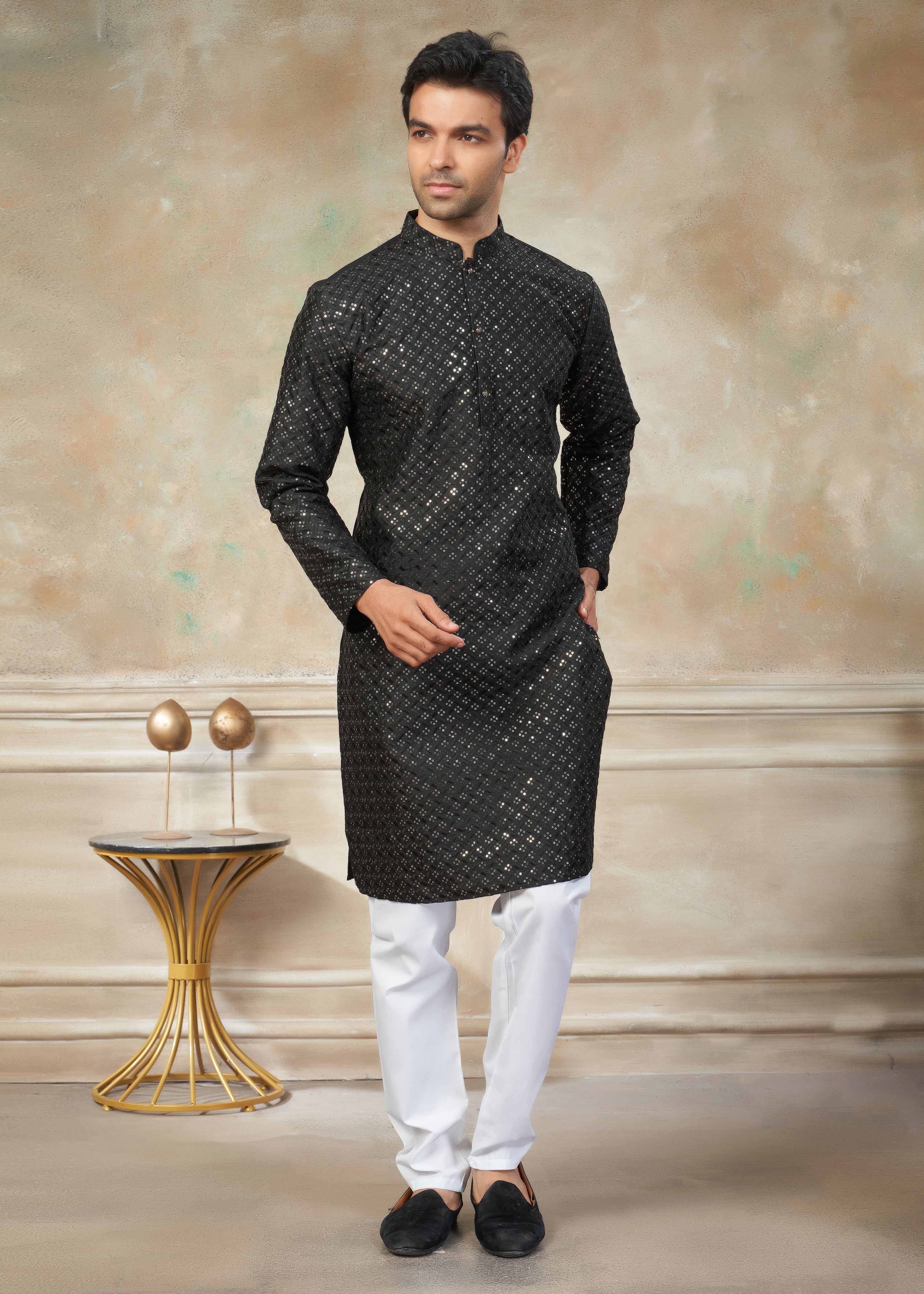 Black Color Rayon Cotton with sequence embroidery work menswear kurta pajama 139001
