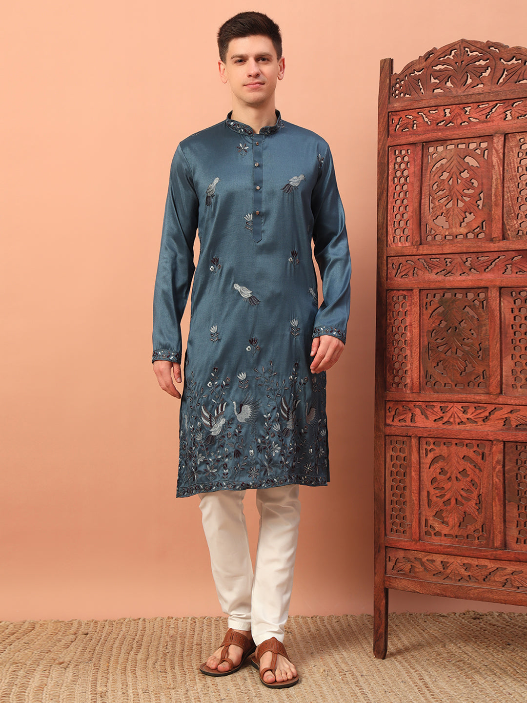 Dark Grey Silk Mens Kurta Pajama 139002
