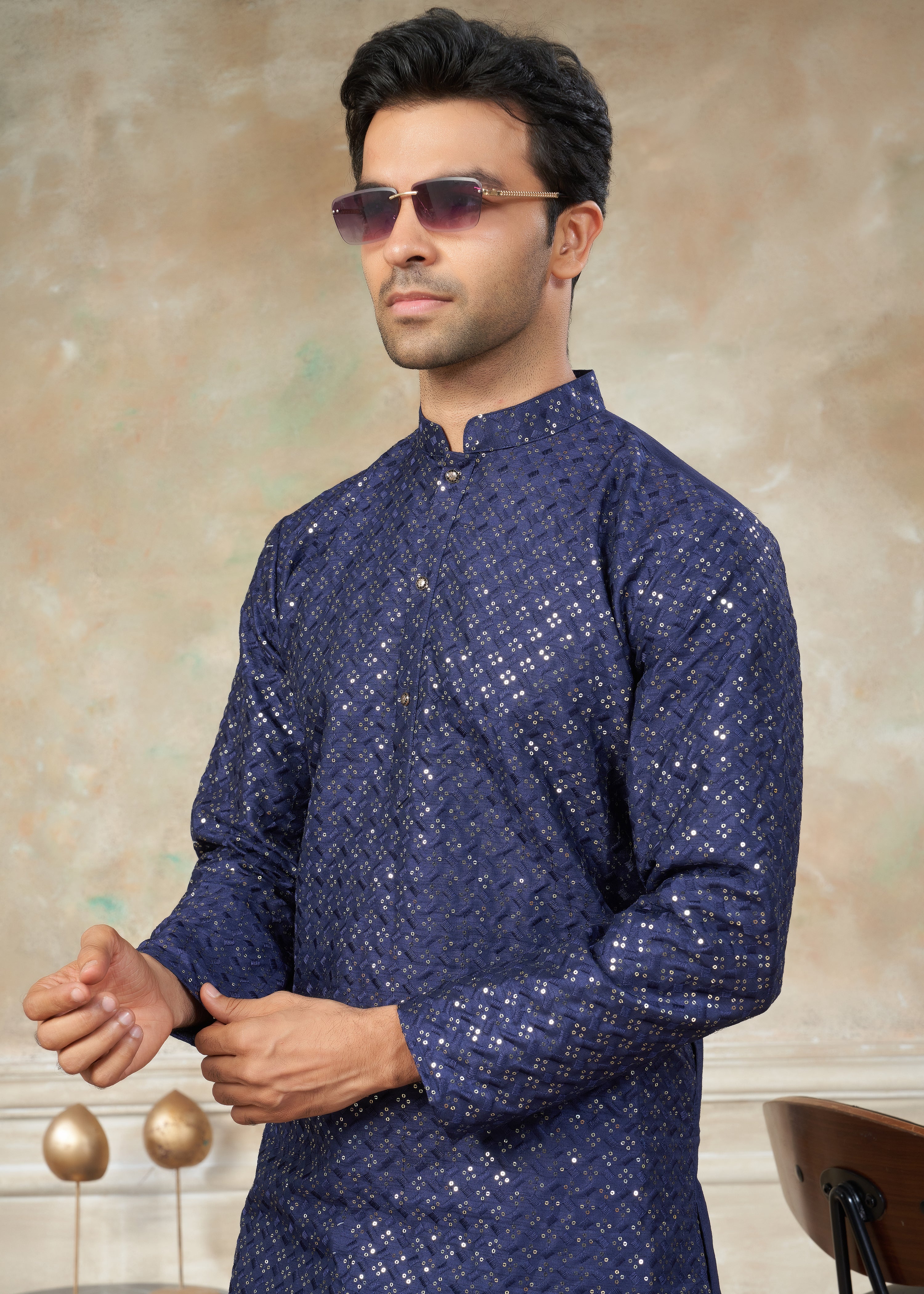 Navy Blue Color Rayon Cotton with sequence embroidery work menswear kurta pajama 139002