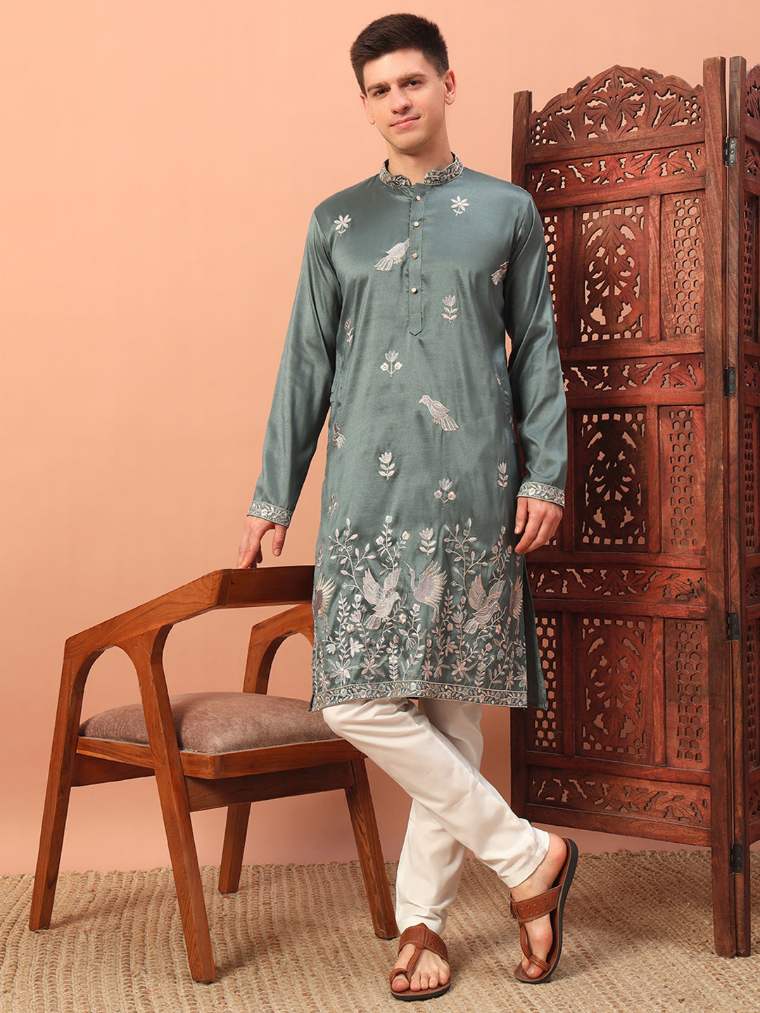 Light Green Silk Mens Kurta Pajama 139003