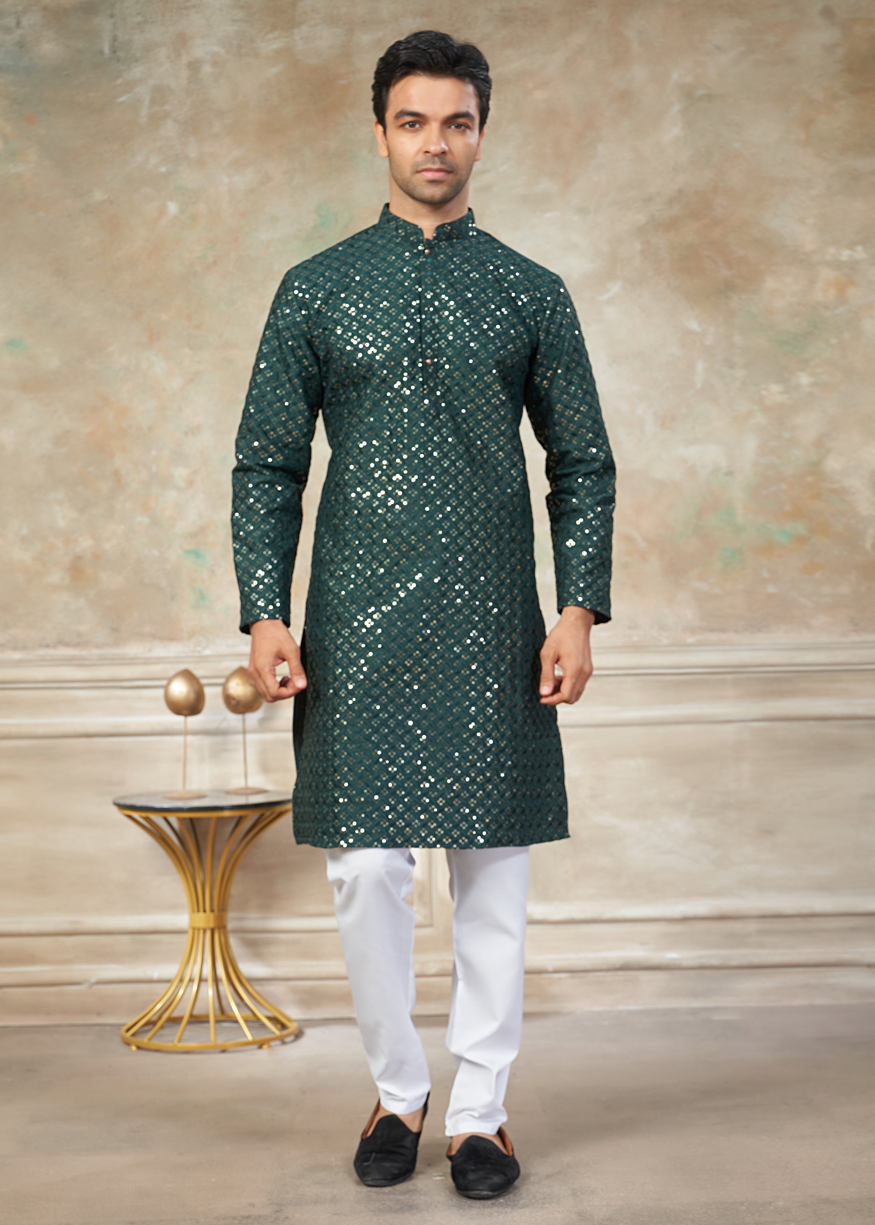 dark green Color Rayon Cotton with sequence embroidery work menswear kurta pajama 139003