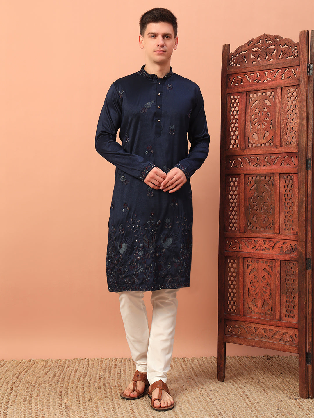 Navy Blue Silk Mens Kurta Pajama 139004
