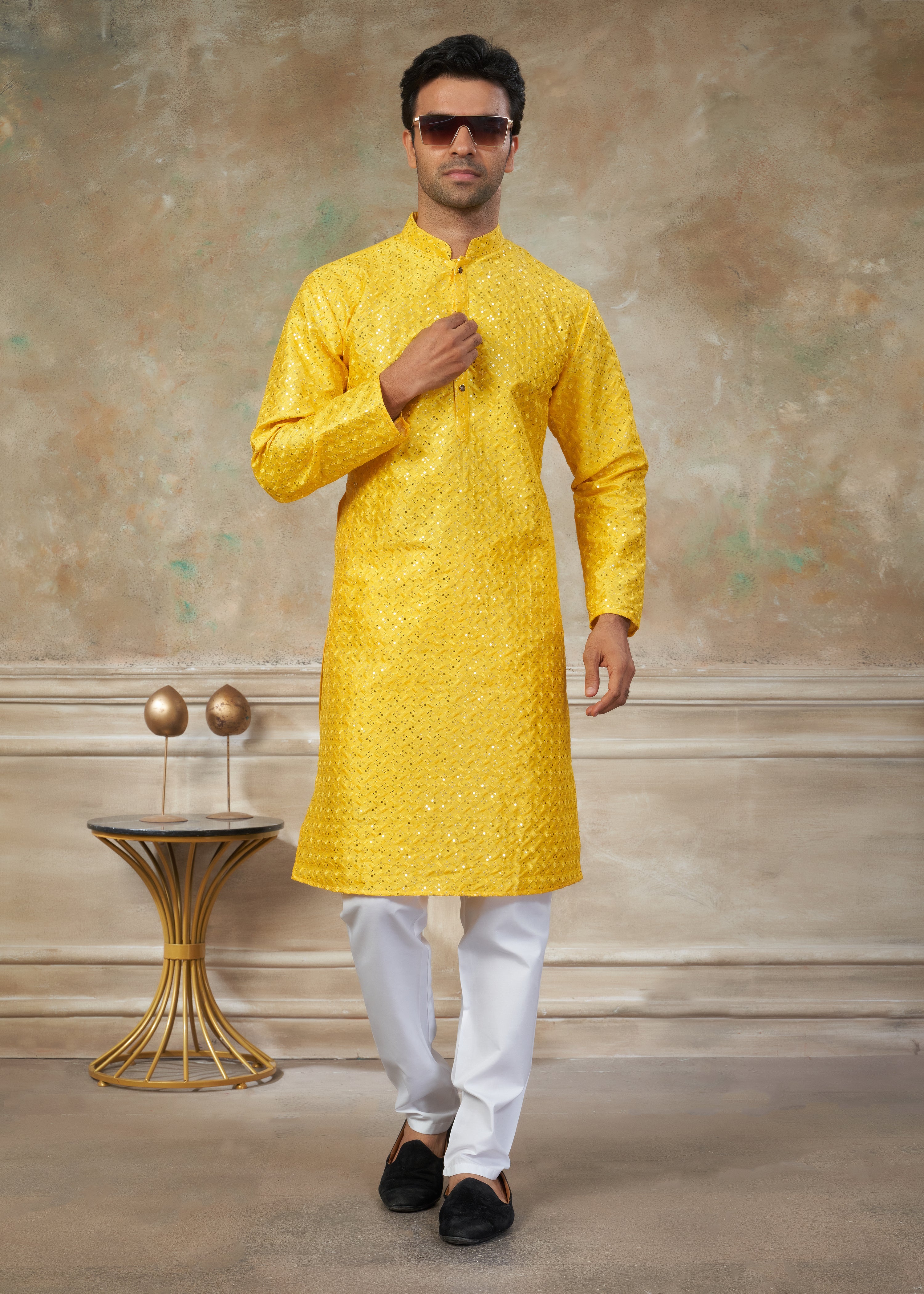 Yellow Color Rayon Cotton with sequence embroidery work menswear kurta pajama 139004
