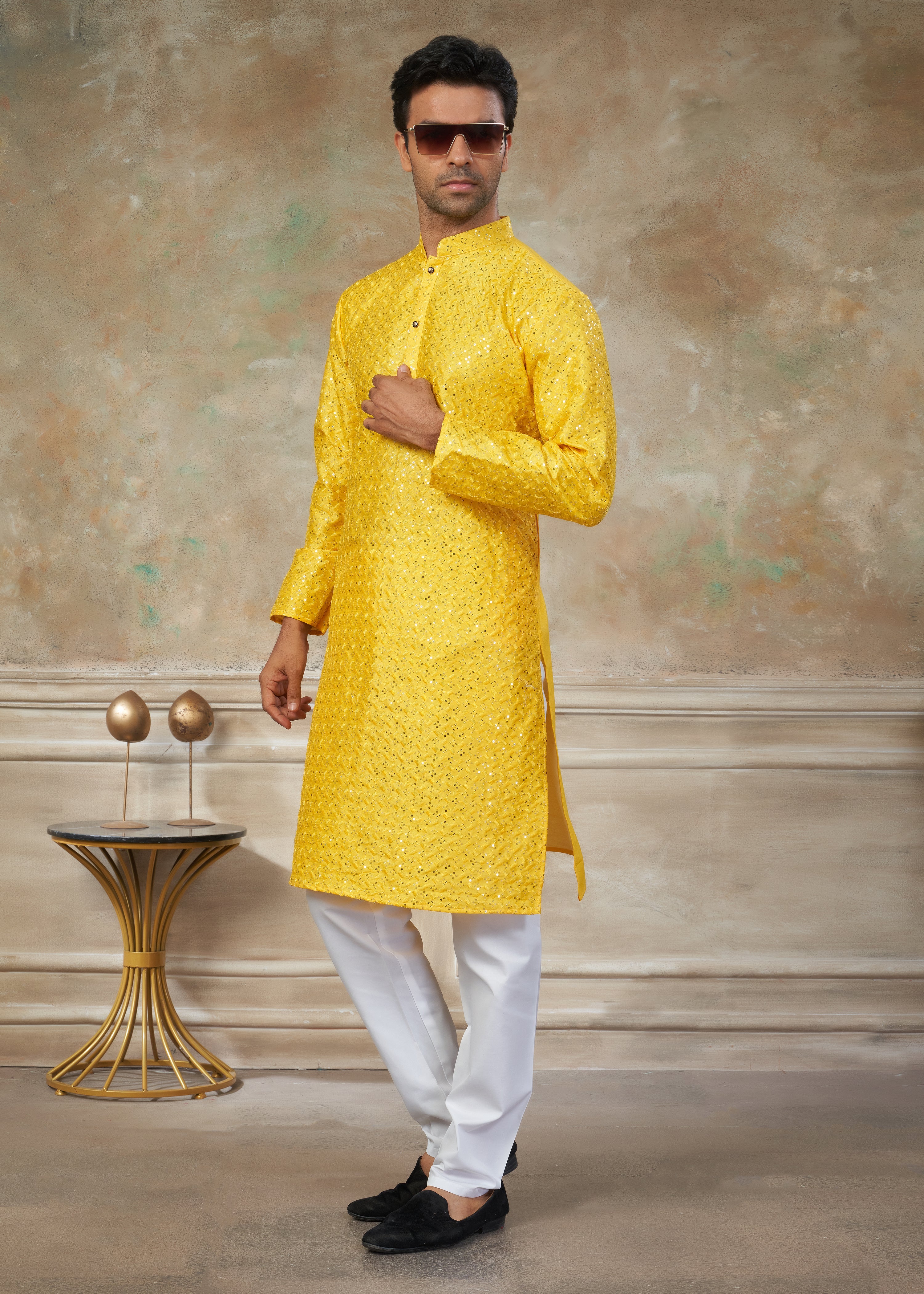 Yellow Color Rayon Cotton with sequence embroidery work menswear kurta pajama 139004