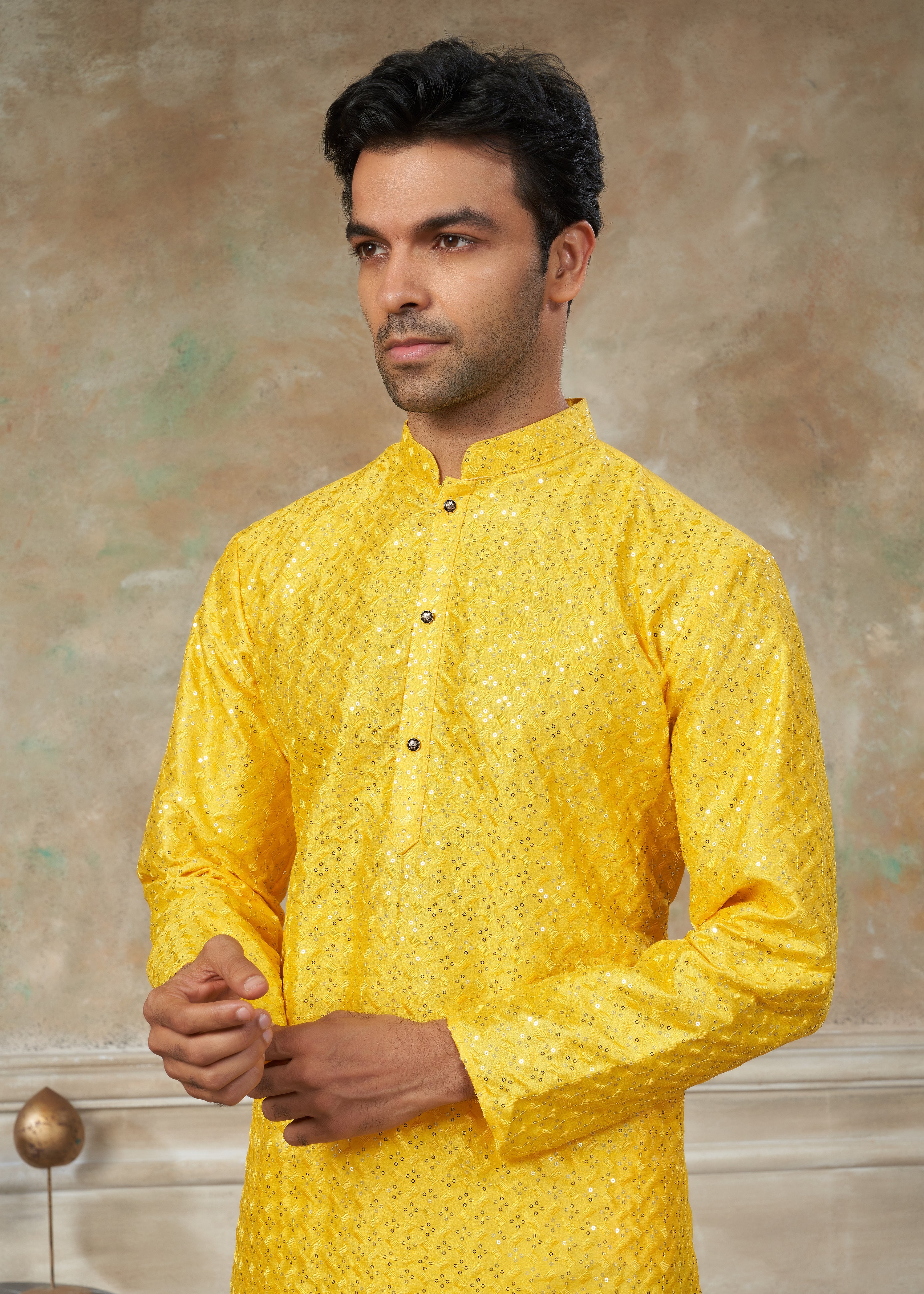 Yellow Color Rayon Cotton with sequence embroidery work menswear kurta pajama 139004