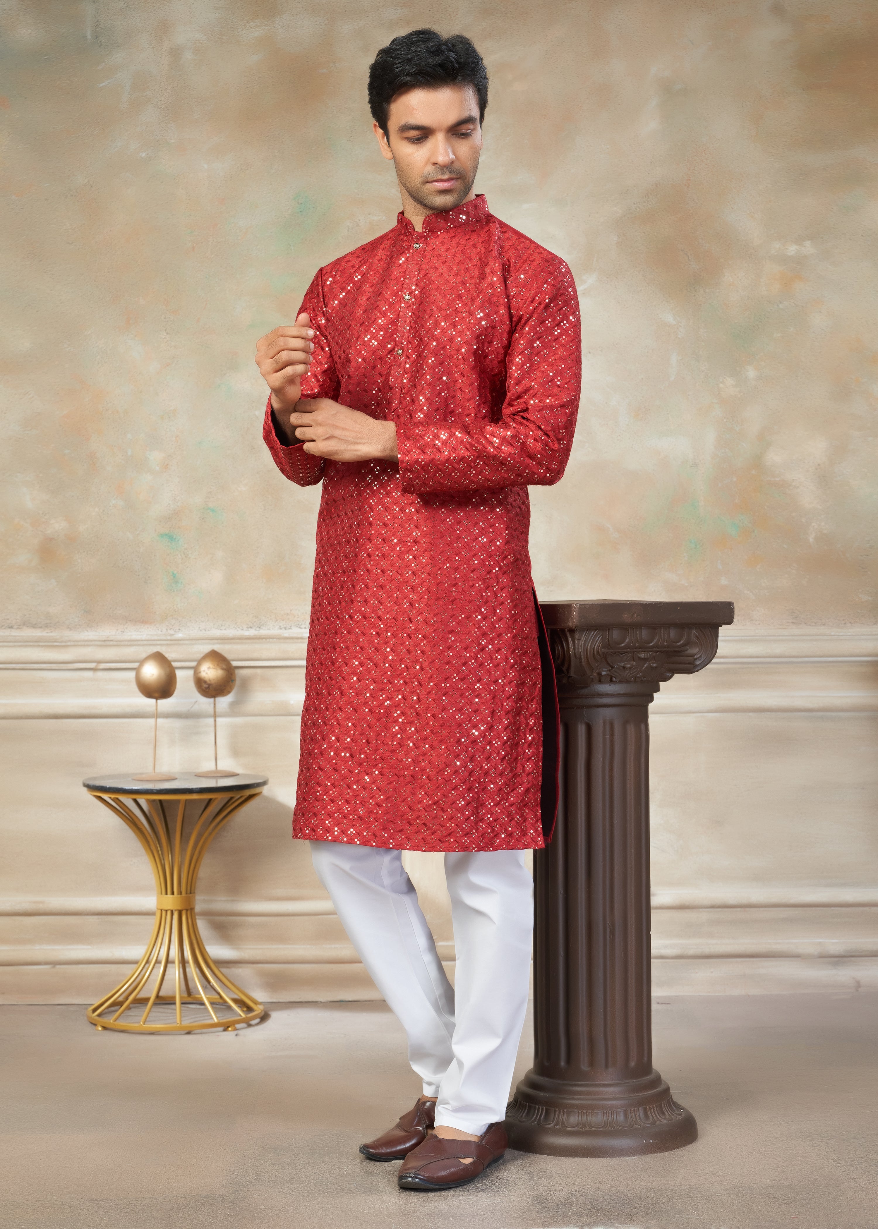 Red Color Rayon Cotton with sequence embroidery work menswear kurta pajama 139005