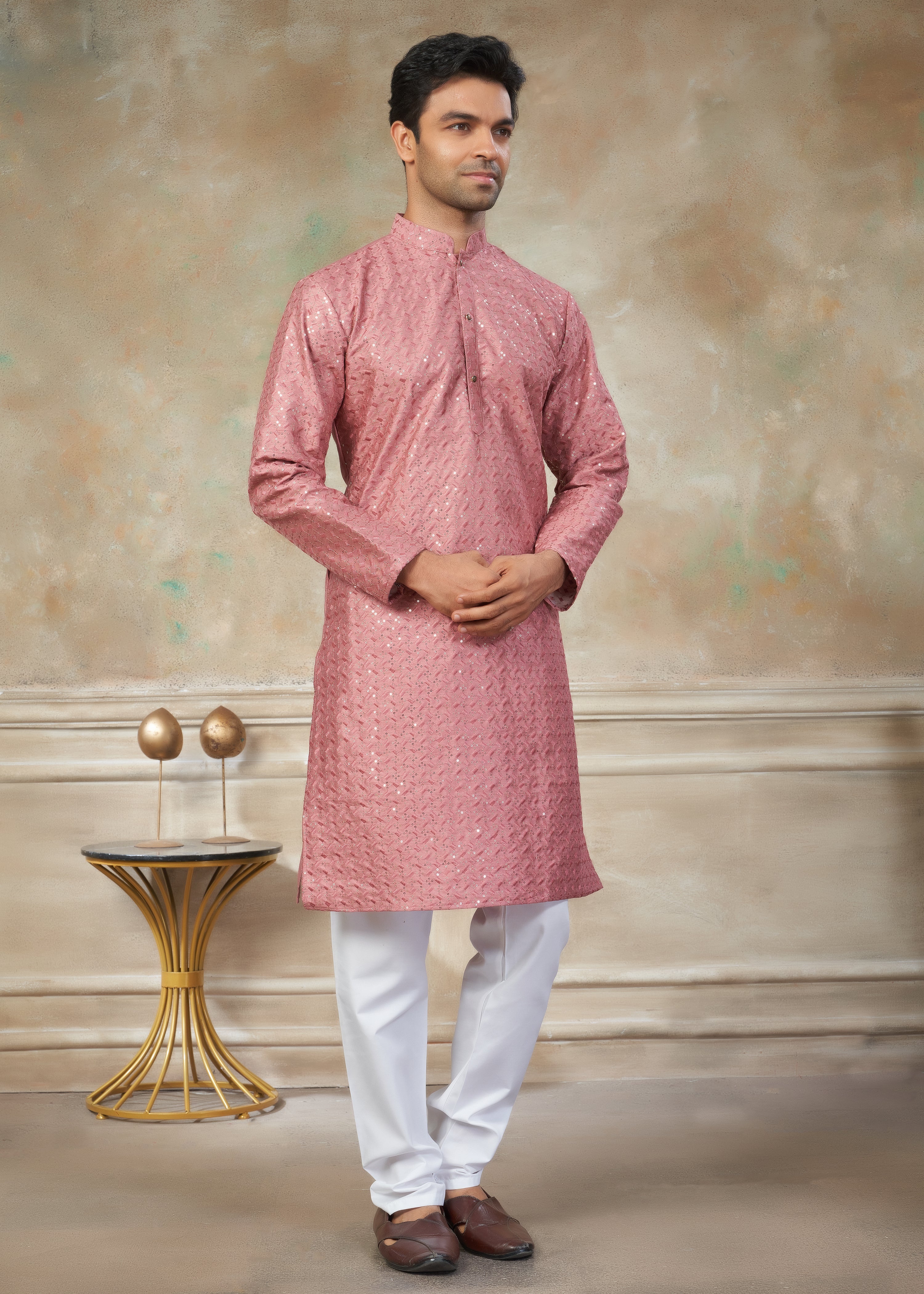 Pink Color Rayon Cotton with sequence embroidery work menswear kurta pajama 139006