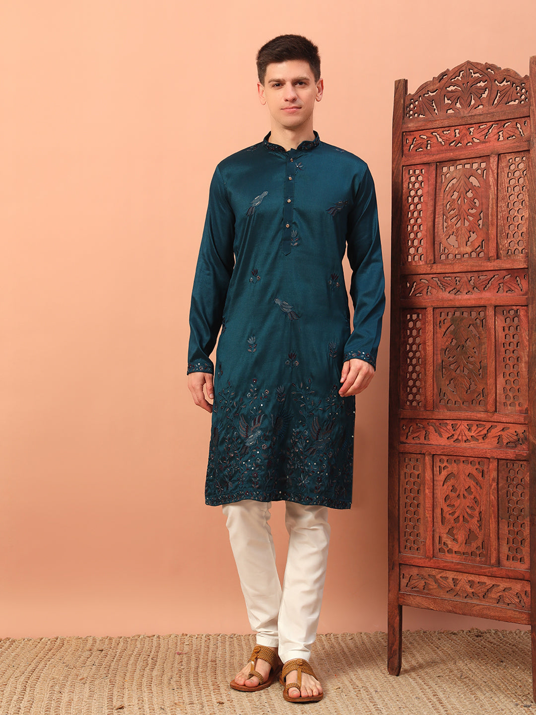 Green Silk Mens Kurta Pajama 139007