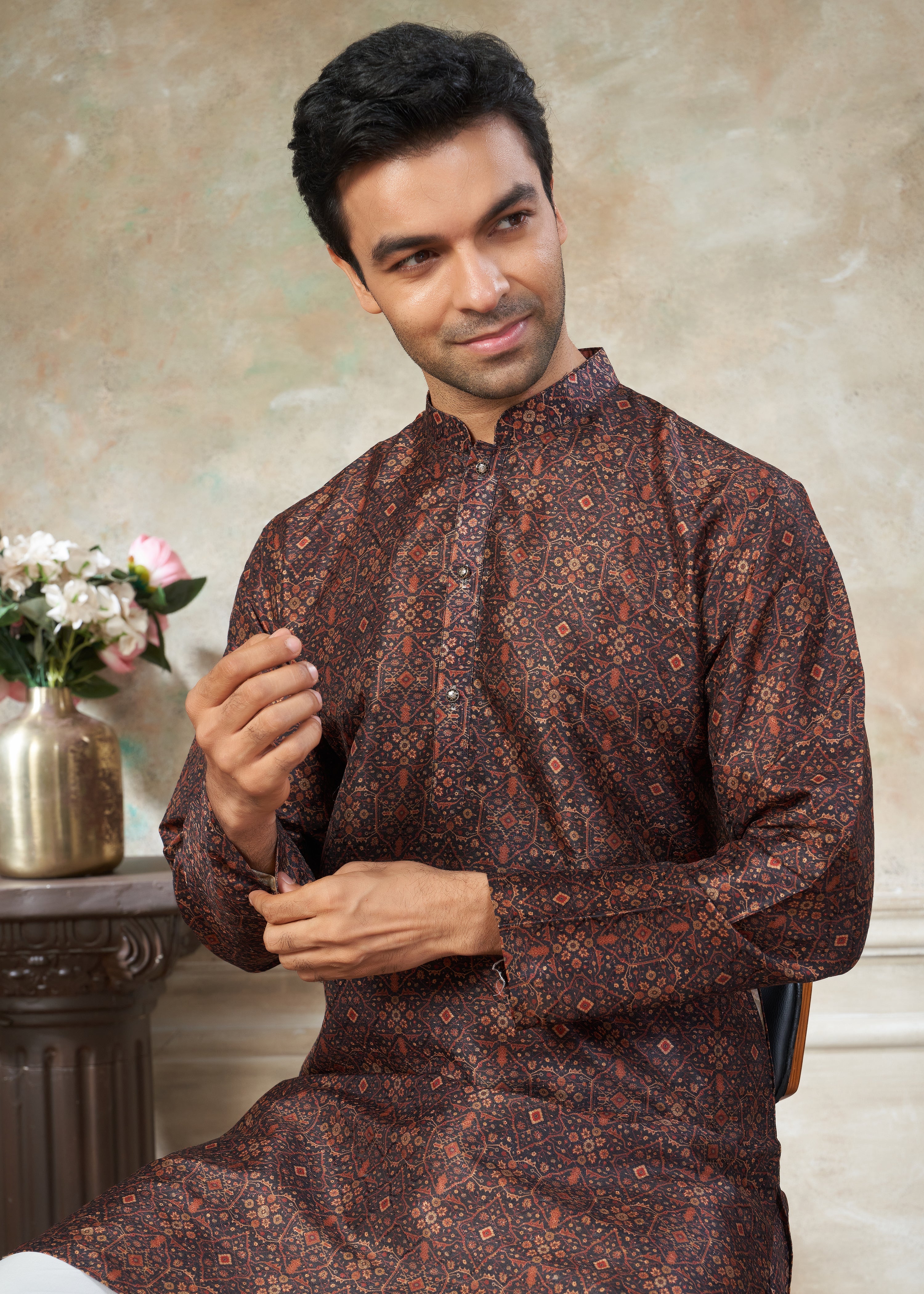 Brown color Premium Silk Digital Print kurta with Raymond Cotton Pajama 140002