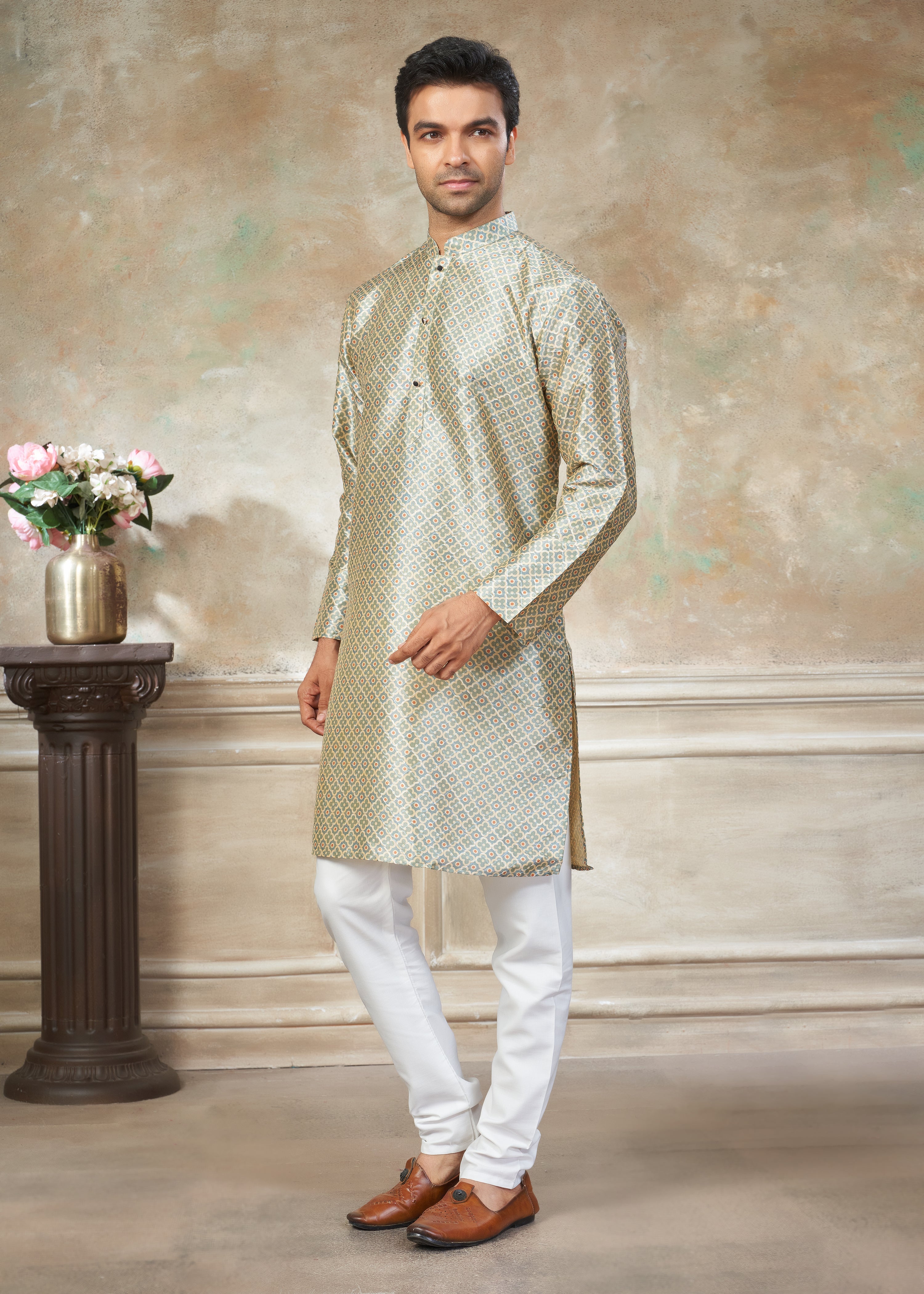 beige color Premium Silk Digital Print kurta with Raymond Cotton Pajama 140003